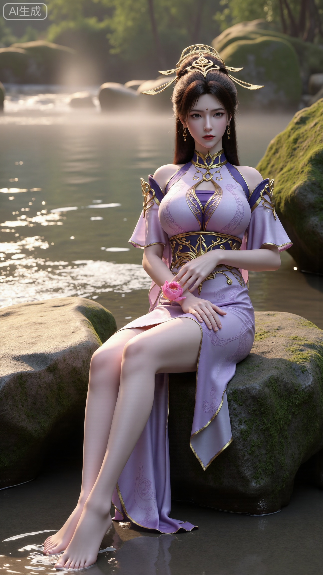 (masterpiece:1.3), ultra-detailed, 8k, photorealistic, best quality, cinematic lighting, volumetric sunlight, soft shadows, subsurface scattering, depth of field, A stunning young woman sits gracefully barefoot on a moss-covered rock beside a crystal-clear stream in a tranquil forest. The sunlight filters through the trees, casting dappled golden light on her smooth skin and the rippling water. She wears an exquisite long dress with fine pink and gold embroidery across the chest and short sleeves. Her long, dark hair flows naturally over her shoulders, softly illuminated by the warm light. Her bare feet touch the cool moss and shallow water, adding a sense of intimacy and realism. One hand rests gently on her hip, while the other holds a blooming lotus flower, her expression calm and serene. Mist rises gently from the water, with reflections dancing on the surface, creating a peaceful, ethereal atmosphere. (background with mossy stones, flowing stream, forest sunlight, soft haze, and gentle reflections:1.6), (realistic skin texture:1.3), (natural color tones:1.3), (film look:1.2) (huge breasts:2.99),(full breasts:2.99),,Xbigbreasts,XbaifengsongyuYH,XliuyuYH2,XanmyXM,XlanxianYH,XtianqiongYH,Xxiantainvzi,Xchangtui,XmupeilingX2,XanmyXY,XmuplXY,XmupeilingXY2,XchuxuanerXG,XxuxinXZ,XchuxuanerXZ