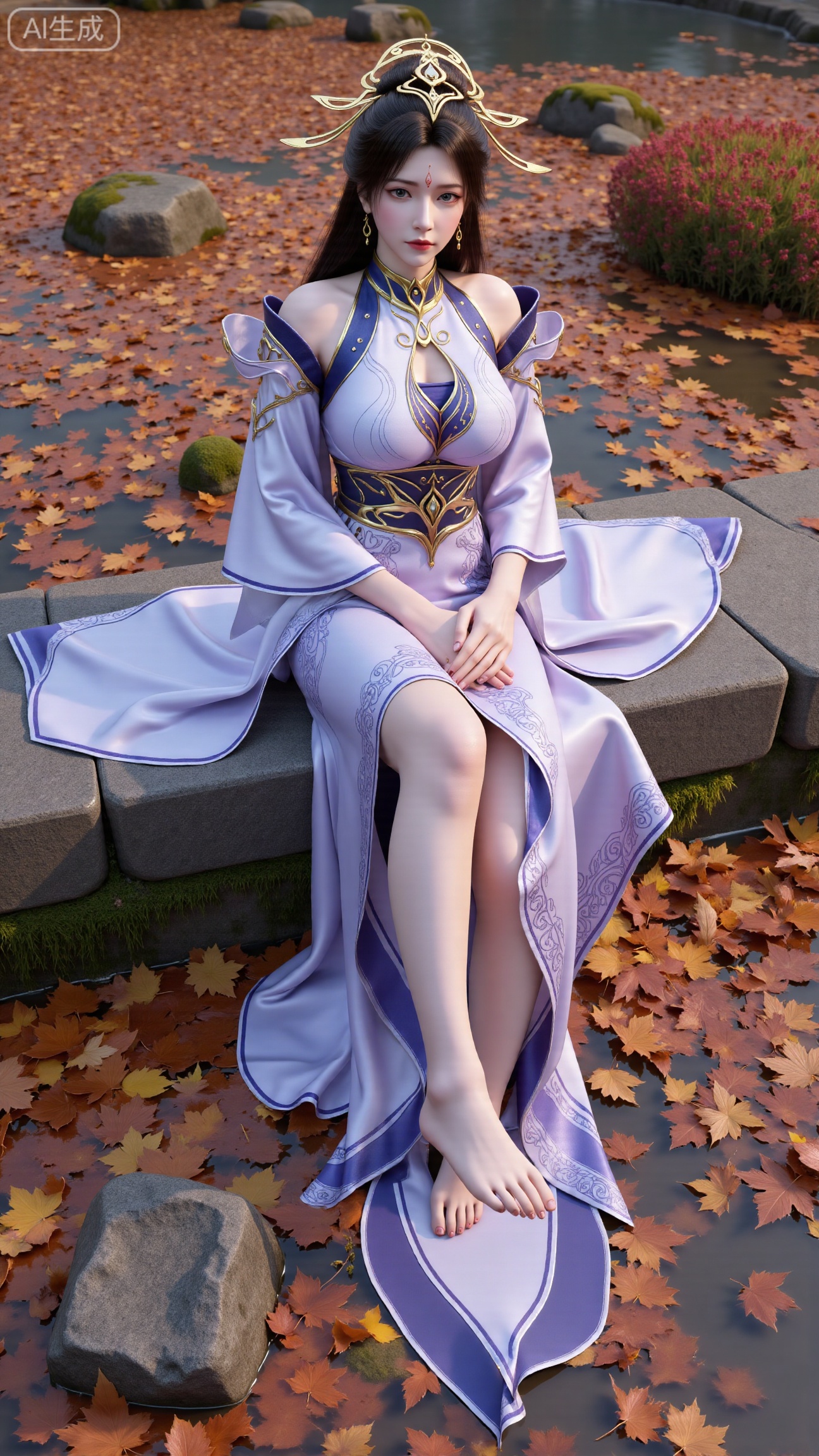 (masterpiece, best quality:1.2),A beautiful woman seated on a stone, barefoot with a close - up of her feet. Taken from a low - angle perspective. Overall Concept: Create a visually stunning, aesthetically pleasing scene where the subject seamlessly blends with the natural environment, facing the viewer directly. The composition fully encompasses the character and the surrounding autumnal foliage, offering an expansive view. The character serves as the focal point, while the fallen leaves enhance the overall ambiance. Key elements include maple trees and fallen leaves. Perspective: The subject looks directly into the camera. Shot from a low - angle, upward perspective, this vantage point clearly showcases the spatial relationship between the character and the fallen leaves on the ground, providing a unique visual experience. Poses: Seated on the stone, one hand rests naturally on her leg, while the other relaxes by her side. Emphasize her delicate hands and fingers. Character Description: An Eastern - styled ancient - aesthetic female character with a slender and graceful figure. She wears a forehead ornament, has long black hair, exquisitely detailed eyes, and colored contact lenses. Clothing: A xianxia - style long robe, adapted from traditional Hanfu. The main color is white, transitioning into a pale blue gradient. Features silver - white patterned embroidery. The fabric has a silk - like smooth texture, exhibiting a soft sheen that varies with different lighting conditions. - Structural Design: Strapless long dress with wide sleeves. The lower skirt is floor - length, featuring natural, flowing folds. Adorned with flowing ribbons. Hairstyle and Accessories - Hairstyle: A classic high chignon with long hair cascading naturally over her shoulders and back. The hair is shiny black, with a realistic texture. - Accessories: Silver hair ornaments, necklace, earrings, and other jewelry. The dress also has embroidery, and she wears a forehead ornament. Additional Details: Her slender legs are exposed, barefoot. Her toenails are manicured with shiny, transparent nail polish. Background: Set against an autumnal backdrop with fallen leaves, butterflies, and a ground carpeted with a rich palette of orange, yellow, and red autumn leaves. Include moss - covered stones, weeds, wildflowers, and a clear - flowing stream with fallen leaves floating on its surface. This creates a rich, serene autumnal atmosphere, highlighting the beauty of nature. A maple branch is positioned in the foreground of the shot.,(huge breasts:2.99),(full breasts:2.99),Xbigbreasts,XbaifengsongyuYH,XliuyuYH2,XanmyXM,XlanxianYH,XtianqiongYH,Xxiantainvzi,Xchangtui,XmupeilingX2,XanmyXY,XmuplXY,XmupeilingXY2,XchuxuanerXG,XxuxinXZ,XchuxuanerXZ