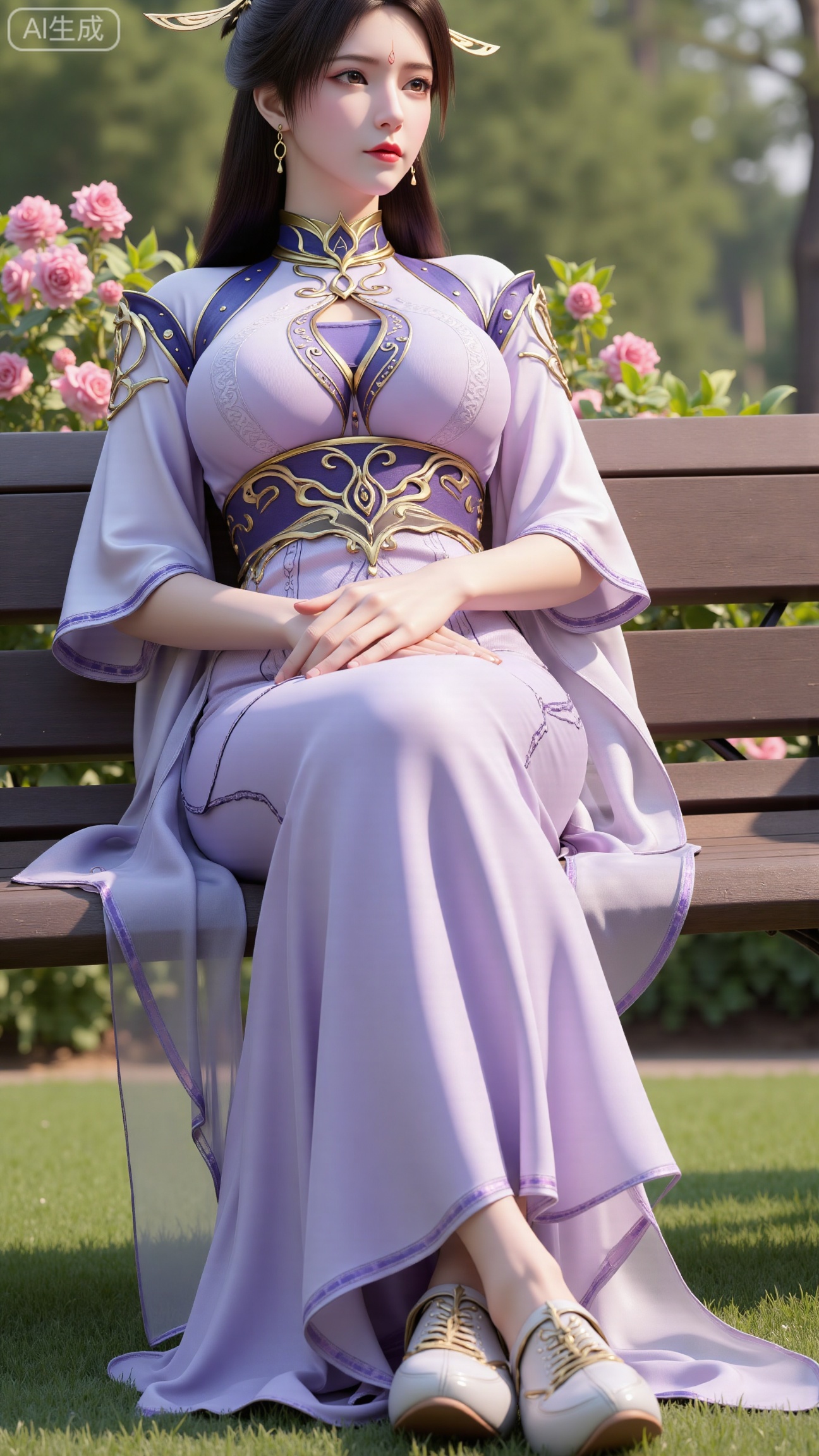 (masterpiece, best quality:1.2),A beauty ,(long hanfu dress), high heels,, paired with a sheer knitted cardigan and Mary Jane shoes. Leaning on a garden bench filled with macaron - colored flowers,.Sunlight filters through the leaves onto her face, creating a lazy and gentle atmosphere, and her skirt sways softly in the breeze. 8K resolution, detailed texture of knitted fabric, lustrous pearl texture, vivid flower colors, soft natural light, Instagram - style filter texture.,(huge breasts:2.99),(full breasts:2.99),,Xbigbreasts,XbaifengsongyuYH,XliuyuYH2,XanmyXM,XlanxianYH,XtianqiongYH,Xxiantainvzi,Xchangtui,XmupeilingX2,XanmyXY,XmuplXY,XmupeilingXY2,XchuxuanerXG,XxuxinXZ,XchuxuanerXZ