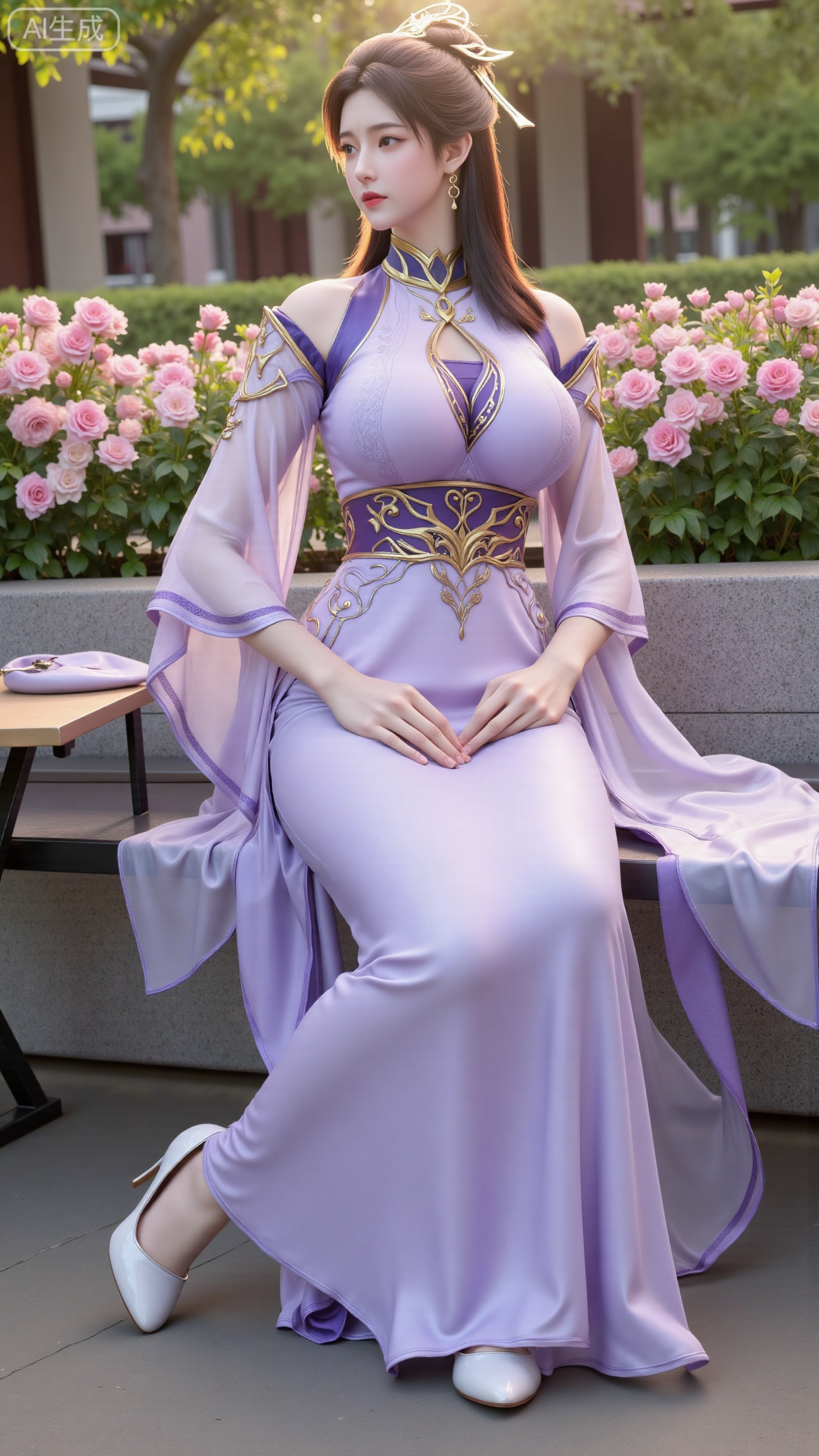 (masterpiece, best quality:1.2),A beauty ,(long hanfu dress), high heels,, paired with a sheer knitted cardigan and Mary Jane shoes. Leaning on a garden bench filled with macaron - colored flowers,.Sunlight filters through the leaves onto her face, creating a lazy and gentle atmosphere, and her skirt sways softly in the breeze. 8K resolution, detailed texture of knitted fabric, lustrous pearl texture, vivid flower colors, soft natural light, Instagram - style filter texture.,(huge breasts:2.99),(full breasts:2.99),,Xbigbreasts,XbaifengsongyuYH,XliuyuYH2,XanmyXM,XlanxianYH,XtianqiongYH,Xxiantainvzi,Xchangtui,XmupeilingX2,XanmyXY,XmuplXY,XmupeilingXY2,XchuxuanerXG,XxuxinXZ,XchuxuanerXZ