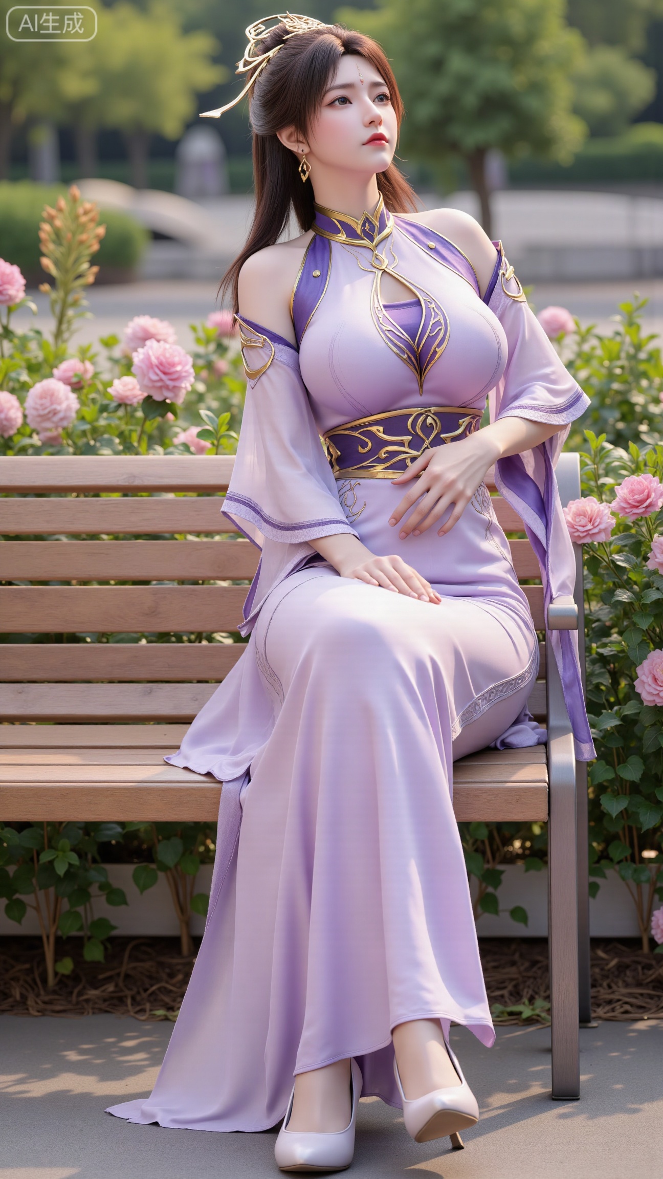 (masterpiece, best quality:1.2),A beauty ,(long hanfu dress), high heels,, paired with a sheer knitted cardigan and Mary Jane shoes. Leaning on a garden bench filled with macaron - colored flowers,.Sunlight filters through the leaves onto her face, creating a lazy and gentle atmosphere, and her skirt sways softly in the breeze. 8K resolution, detailed texture of knitted fabric, lustrous pearl texture, vivid flower colors, soft natural light, Instagram - style filter texture.,(huge breasts:2.99),(full breasts:2.99),,Xbigbreasts,XbaifengsongyuYH,XliuyuYH2,XanmyXM,XlanxianYH,XtianqiongYH,Xxiantainvzi,Xchangtui,XmupeilingX2,XanmyXY,XmuplXY,XmupeilingXY2,XchuxuanerXG,XxuxinXZ,XchuxuanerXZ