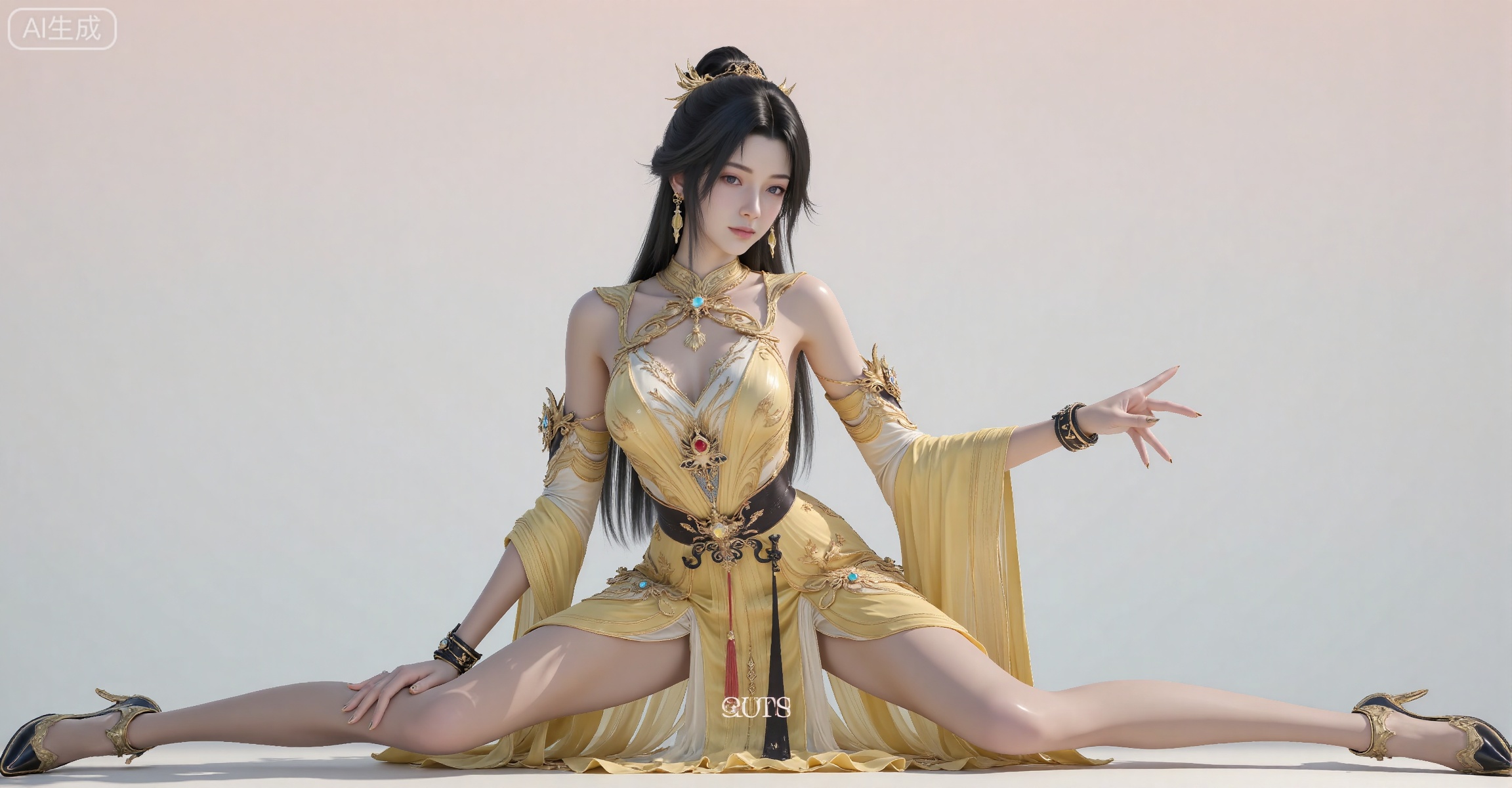 1girl, dress, solo, black hair, hair ornament, yellow dress, bare legs, long hair, full body, jewelry, earrings, ponytail, split, bare shoulders, high heels, spread legs, breasts, hair bun, detached sleeves,
zishi