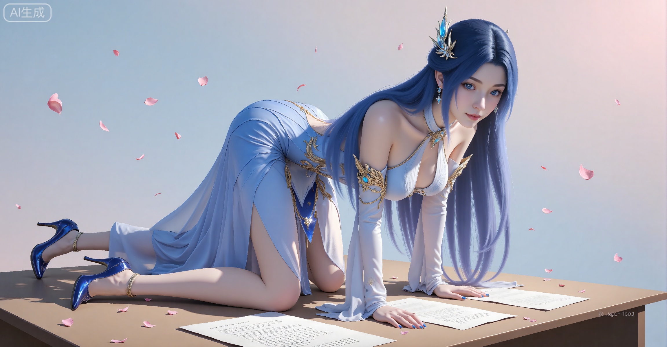 girl, long hair, dress, high heels, blue eyes, hair ornament, blue footwear, blue hair, solo, petals, detached sleeves, breasts, looking at viewer, blue dress, bare shoulders, jewelry, earrings, blue nails, paper, all fours, table, full body, white dress,
zishi
