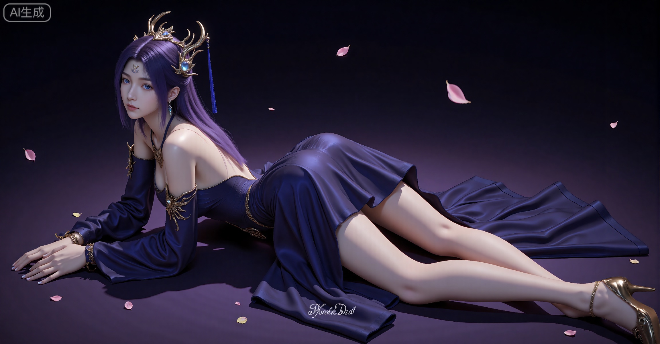 1girl, solo, purple hair, long hair, jewelry, bare legs, dress, earrings, bare shoulders, detached sleeves, petals, looking at viewer, facial mark, lying, closed mouth, forehead mark, blue eyes, blue dress, falling petals, hair ornament, skirt, anklet, from side, dark background,
zishi