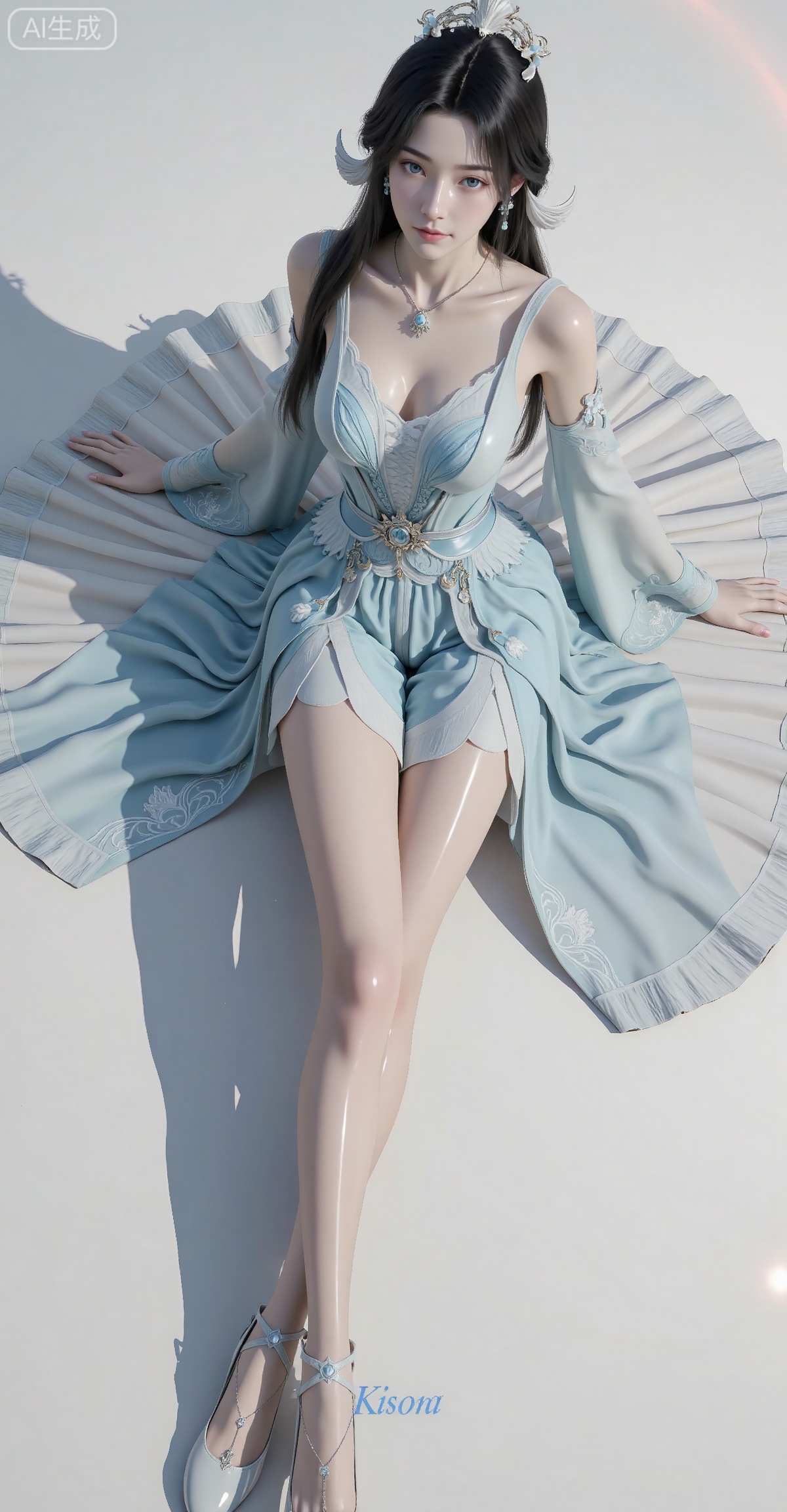 1girl, solo, black hair, long hair, jewelry, dress, necklace, blue eyes, leg up, looking at viewer, ballerina, blue dress, hair ornament, closed mouth, see-through,, earrings, tutu, detached sleeves, ballet,sitting,
zishi