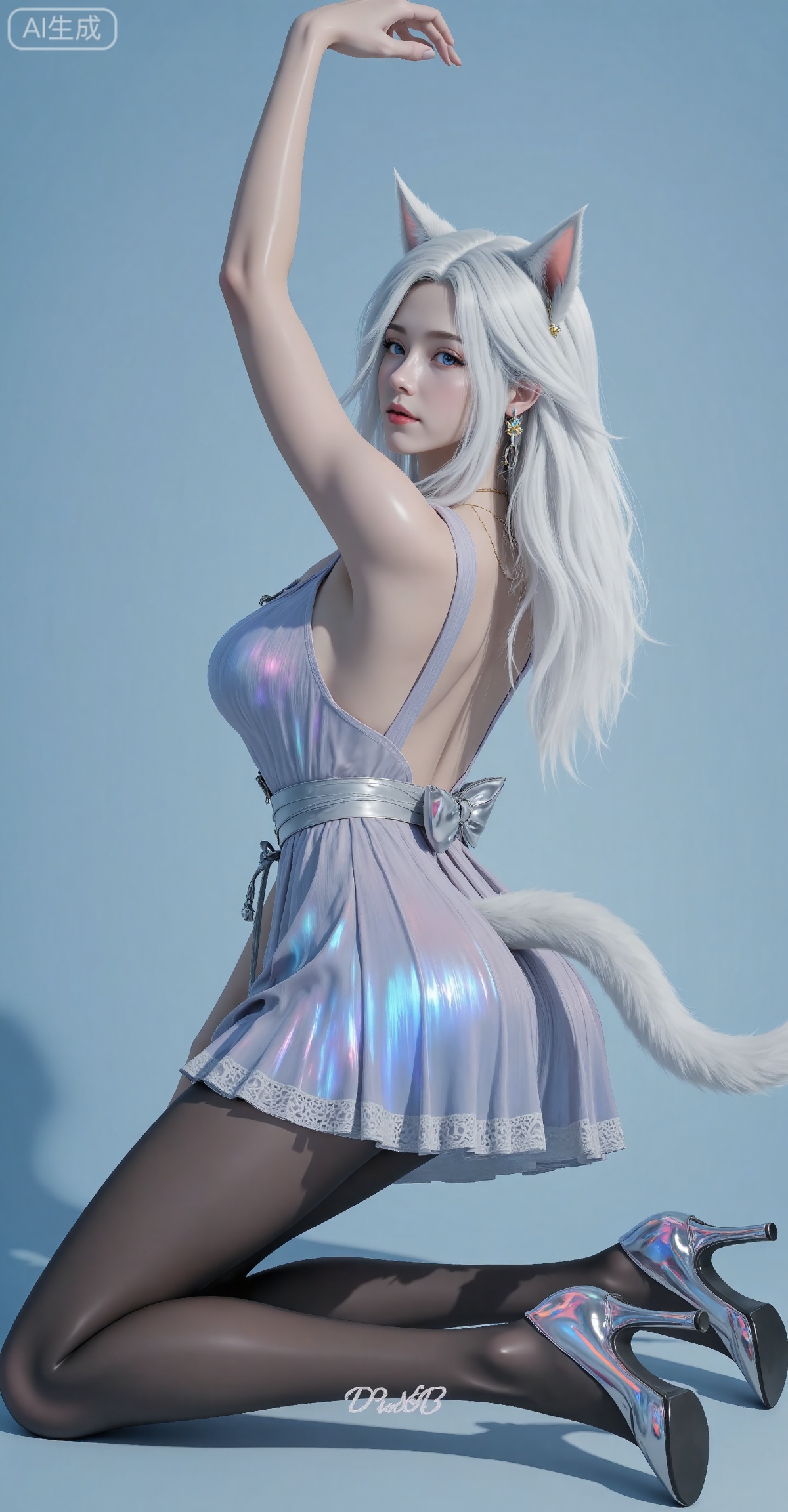 1girl, solo, animal ears, tail, high heels, blue eyes, dress, pantyhose, cat ears, white hair, long hair, cat tail, breasts, jewelry, earrings, blue background, ass, looking at viewer, arm up, kneeling, red lips, black pantyhose, full body, sitting, cat girl,
zishi