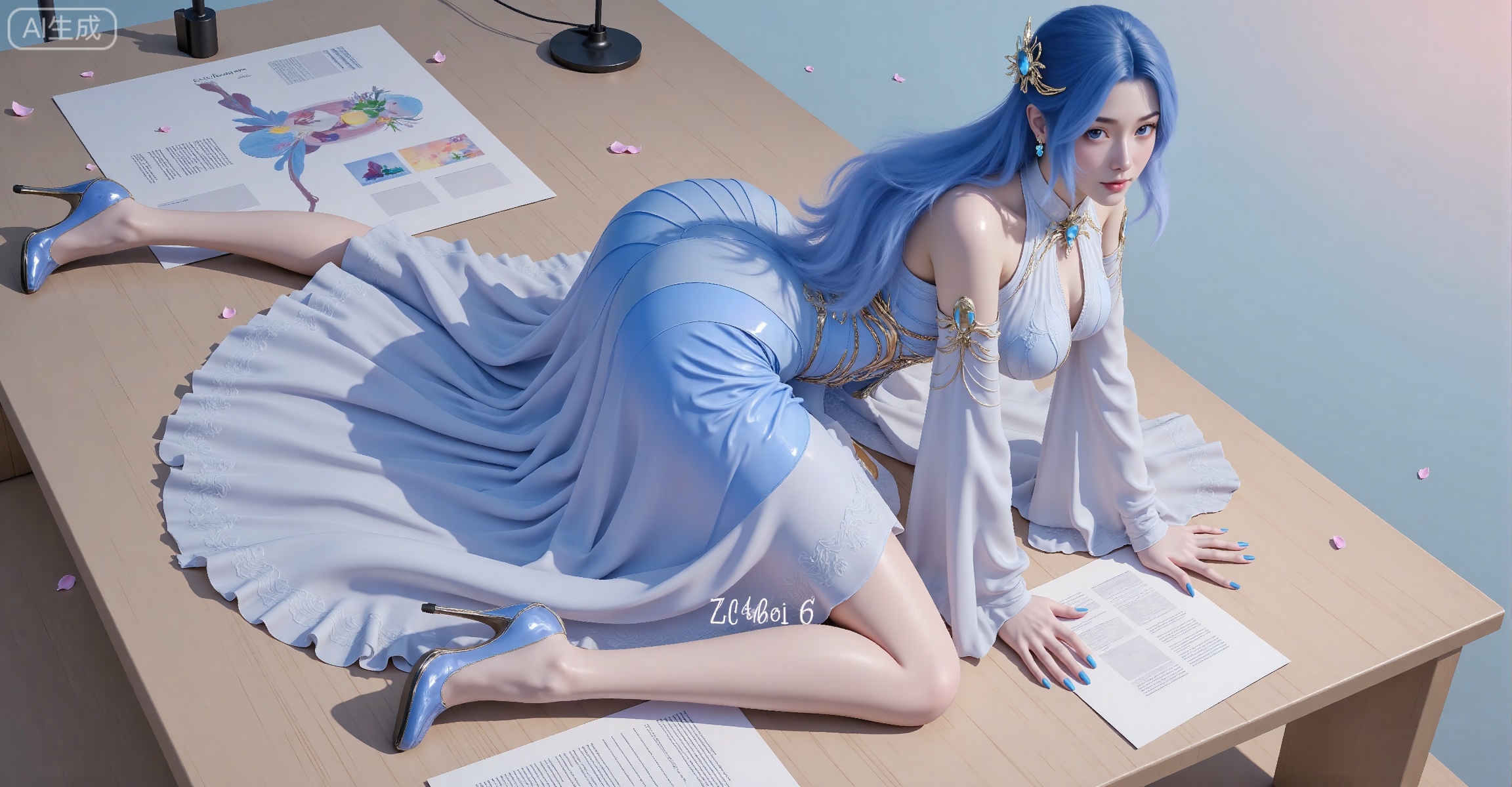 girl, long hair, dress, high heels, blue eyes, hair ornament,collar dress, blue footwear, blue hair, solo, petals, detached sleeves, breasts, looking at viewer, blue dress,  jewelry, earrings, blue nails, paper, all fours, table, full body, white dress,
zishi