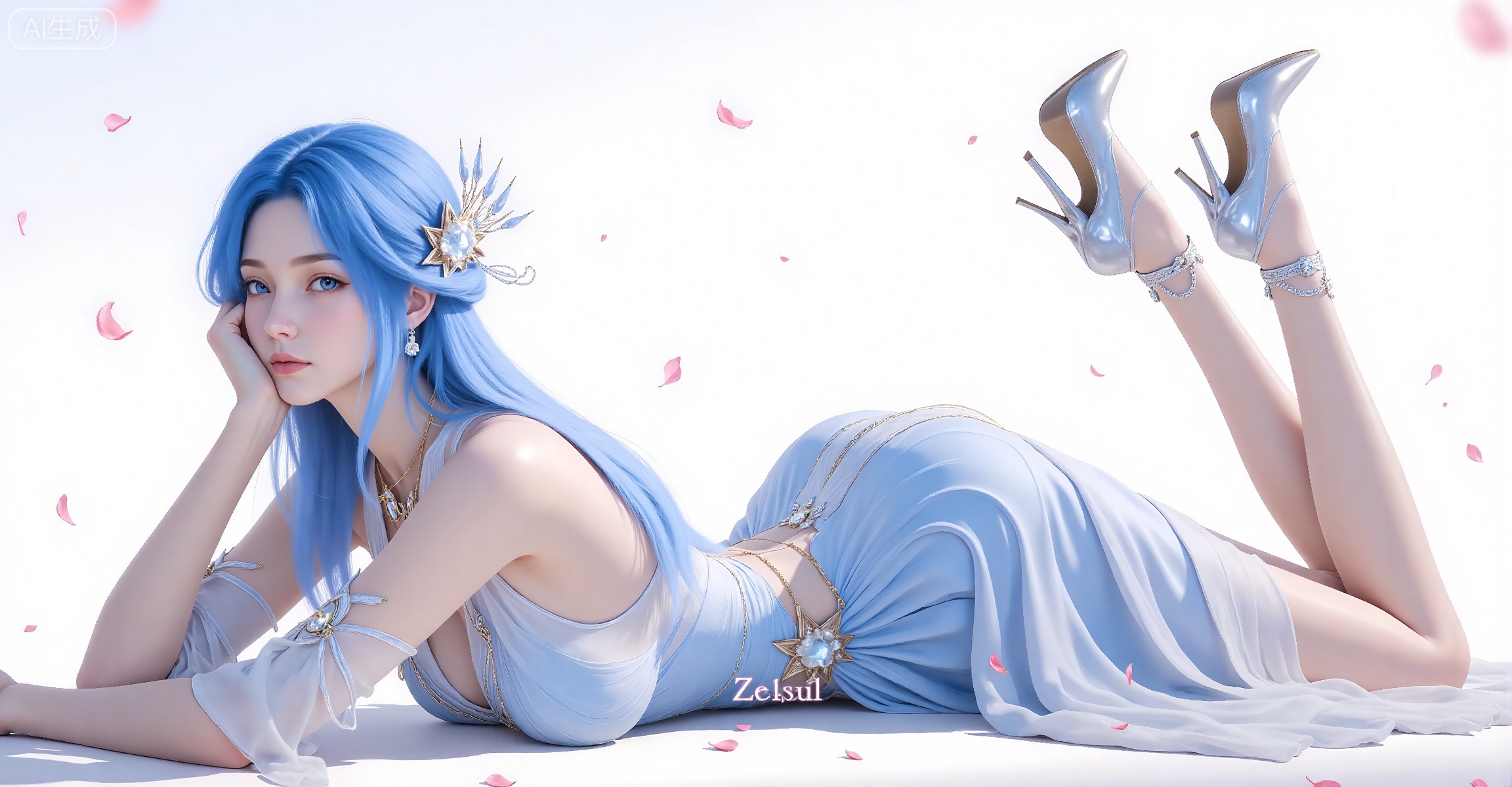 1girl, on stomach, blue eyes, lying, solo, hair ornament, long hair, blue hair, dress, petals, white dress, high heels, the pose, looking at viewer, falling petals, jewelry, head rest, blue dress, closed mouth, full body, legs up, white background, clothing cutout,
zishi