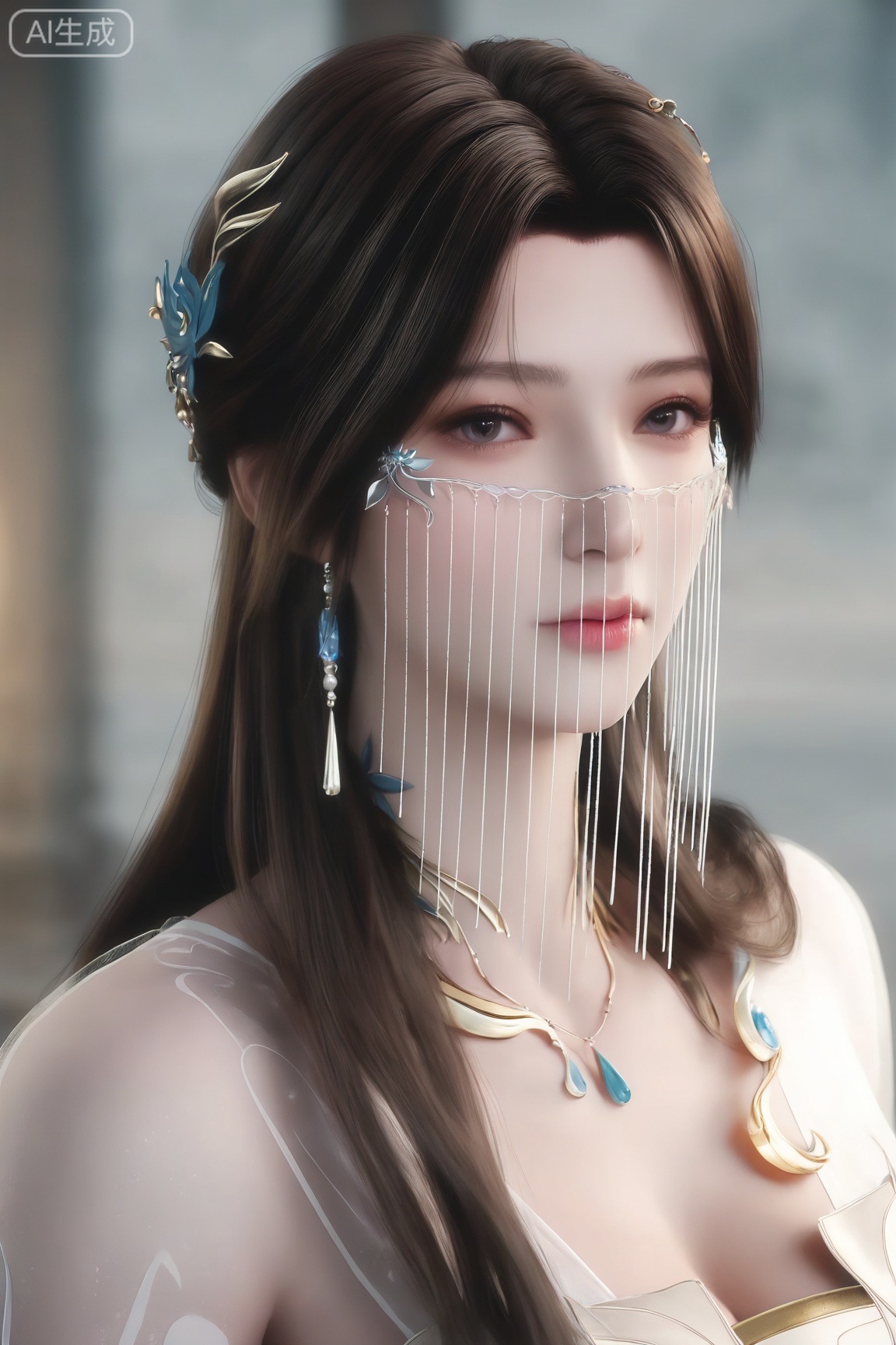 1girl, solo,mature woman,looking at viewer, long hair, brown hair, hair ornament, dress, bare shoulders, jewelry, upper body, necklace, white dress, veil, 
masterpiece,amazing quality, best quality,extremely high resolution, aesthetic, newest,HDR,3D,photorealistic,high contrast,(intricate details:0.9),(realistic skin:1.2),,