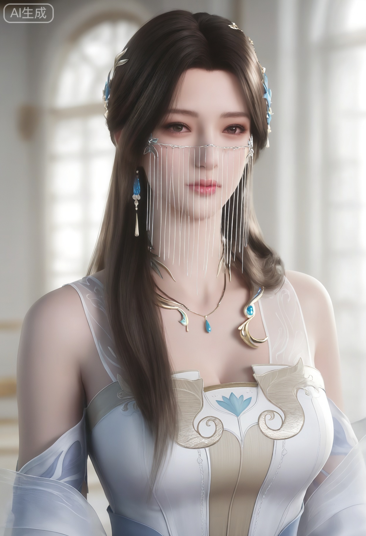 1girl, solo,mature woman,looking at viewer, long hair, brown hair, hair ornament, dress, bare shoulders, jewelry, upper body, necklace, white dress,veil, 
masterpiece,amazing quality, best quality,extremely high resolution, aesthetic, newest,HDR,3D,photorealistic,high contrast,(intricate details:0.9),(realistic skin:1.2),,