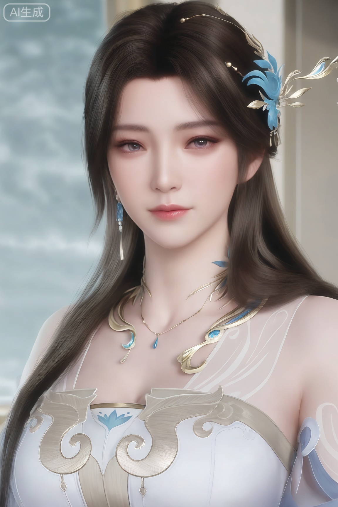 1girl, solo,mature woman,looking at viewer, long hair, brown hair, hair ornament, dress, bare shoulders, jewelry, upper body, necklace, white dress, 
masterpiece,amazing quality, best quality,extremely high resolution, aesthetic, newest,HDR,3D,photorealistic,high contrast,(intricate details:0.9),(realistic skin:1.2),,