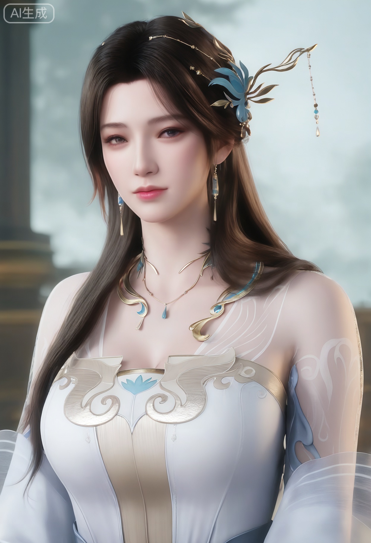 1girl, solo,mature woman,looking at viewer, long hair, brown hair, hair ornament, dress, bare shoulders, jewelry, upper body, necklace, white dress,veil, 
masterpiece,amazing quality, best quality,extremely high resolution, aesthetic, newest,HDR,3D,photorealistic,high contrast,(intricate details:0.9),(realistic skin:1.2),,