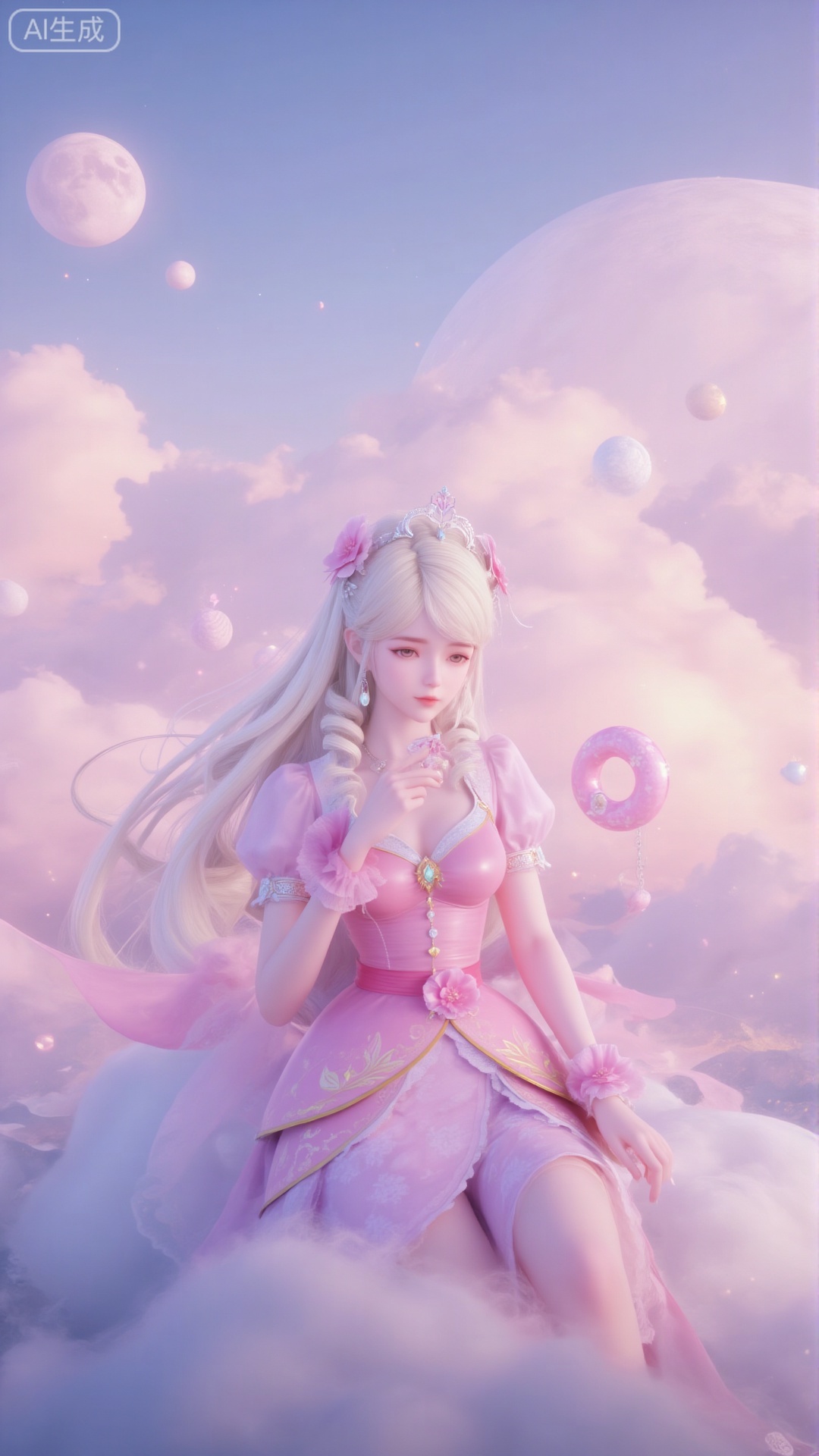 This image depicts a quiet and ethereal scene of a character sitting in the clouds. The character has flowing white hair and wears a fantastic pink dress. She was floating in the dreamy colorful sky with a pink doughnut in her hand. The background is a big round moon and several smaller luminous spheres scattered in the sky, creating a magical and quiet atmosphere. Clouds are soft and fluffy, which enhances the dreamy quality of the scene. The overall tone is both rigid and soft, and the pink and white dominate the image. Upper body close-up, crown, delicate face, delicate eyes.Pink dress, delicate face,Close-up of upper body