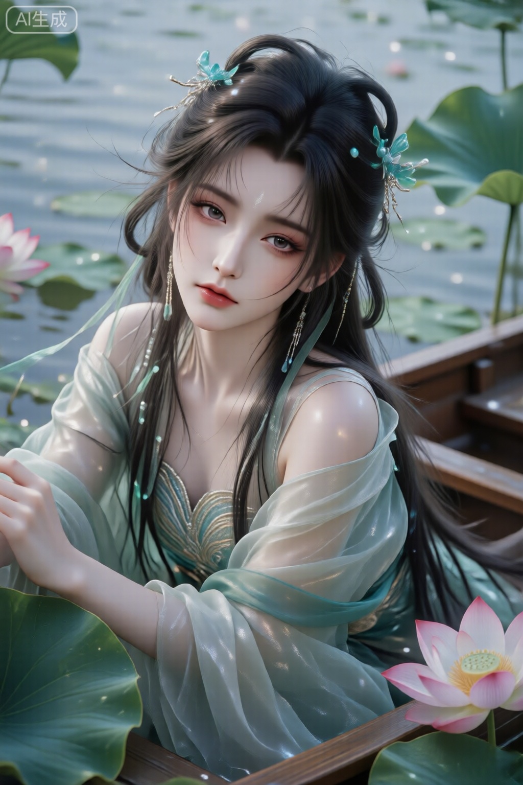 A stunning girl rides a boat with lotus flowers around her, wearing a green gauze dress and Hanfu, leaking her shoulders, long black hair, wearing eight green hair bands, layered elegant clothes, super close-up, big eyes, long eyelashes, pearlescent makeup, face-slapping, and master-level imaging.,Lqiqi