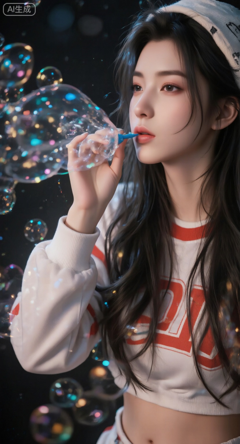 一个年轻的女人,人体、艺术写真,人体、艺术写真,海报,精致腰腹,海报,精致腰腹,小红书甜妹类型模特,留着黑色长发的亚洲女性,头戴白色无边帽,身穿红色图案的白色运动衫,用蓝色泡泡棒吹泡泡。泡泡被五颜六色的反光照亮。吹泡泡时,她的脸有些皱。 背景暗而模糊,带有散景灯。这张照片是一张中特写,景深很浅。灯光是人造的,突出了气泡和她的脸。
极高的美学评分,高质量,高分辨率,高清晰度,高对比,大师级摄影,细节丰富（展现皮肤、线条、衣物纹理等）,精致刻画,发丝细腻,精致五官,正常皮肤纹理,视觉冲击,皮肤白皙细腻,纹理正常,线条流畅,,写真照片,Lqiqi