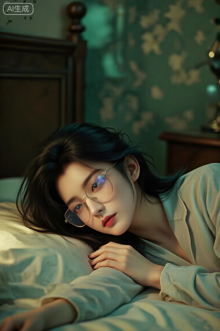 清冷感系,高知风,美女,完美身材,无款眼镜或金丝边眼镜,床上，躺着，HK,Lqiqi