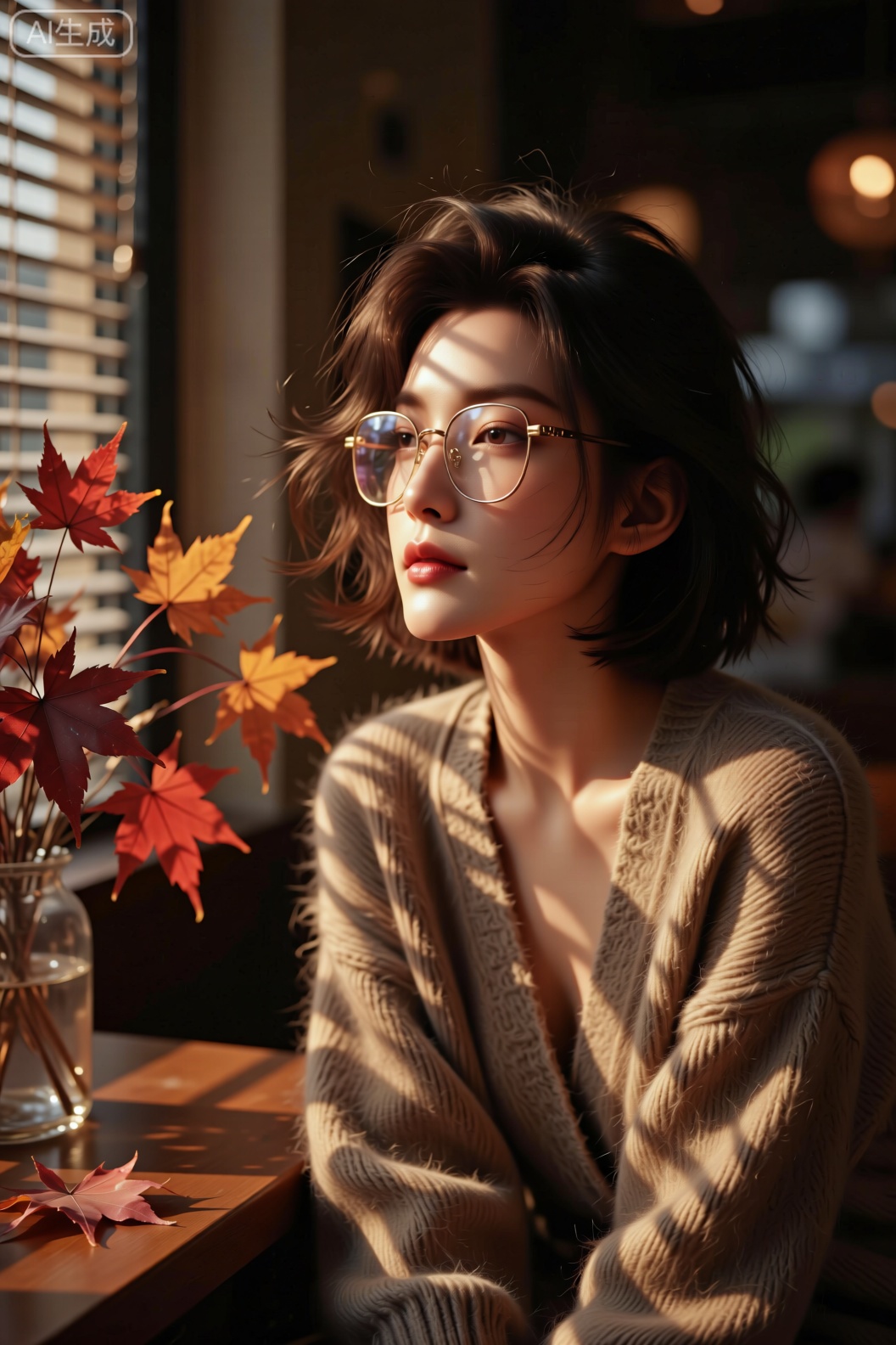 特写聚焦优雅女性,她的短发修剪得利落有层次,发梢带着自然卷曲,戴着复古金框眼镜,镜片反着秋日微光。身穿驼色羊绒开衫,质感柔软蓬松,她正微微侧头,睫毛纤长,眼神沉静,似在凝视桌上的干花。背景是堆满枫叶的木桌,叶片有深红、橙黄等色彩,光线是透过百叶窗的条状暖光,在脸颊与开衫上投下交错的光影。渲染偏胶片颗粒感,色彩以驼色、枫叶红、暖棕为主,复古又温暖。用尼康尼克尔Z 58mm f/0.95镜头,尼康Z9拍摄,光圈f/1.2,快门1/200s,ISO 80,焦段58mm,特写的细腻与氛围感兼具。,秋日氛围,繁花风格写真,Lqiqi