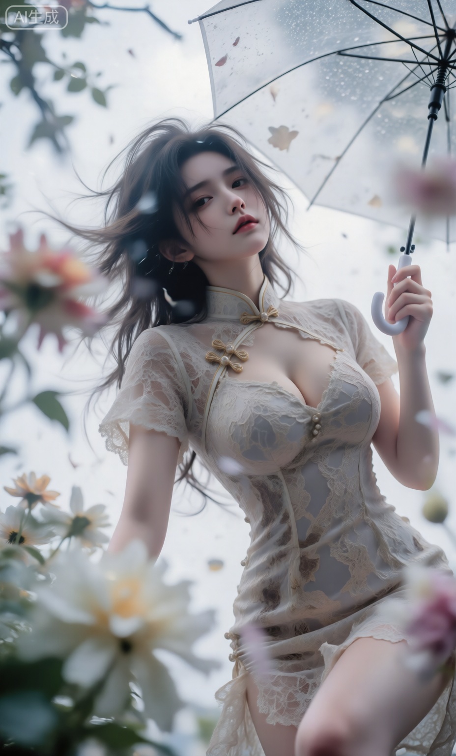 完美身材比例优越,胸部饱满有型,KXYY,  
 低角度垂直仰拍,怼脸拍,隐隐约约的模糊丰盈绝色女孩,蕾丝短旗袍看向镜头,高冷的表情,丧感,头发凌乱而突出垂向镜头,处于全局朦胧模糊的环境中,呈现动态模糊、边沿模糊效果,淡彩白调、白光氛围,有多重曝光、失焦感觉,采用超广角、强透视、景深拍摄,有高噪点、强烈的胶片颗粒感,体现动态美学、弥散晕染、朦胧美学,构图夸张超现实,细节生动完美如杰作,背景里有花朵和雨伞,meinvzi 完美身材比例优越胸部饱满有型,Lqiqi