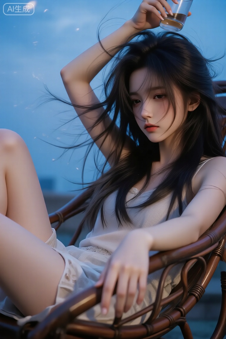 微醺的厚长发美少女,发丝凌乱分离,半掩面容。坐在摇椅上,相似引导线,青空,姿势舒展,干杯,pose is dynamic,Lqiqi