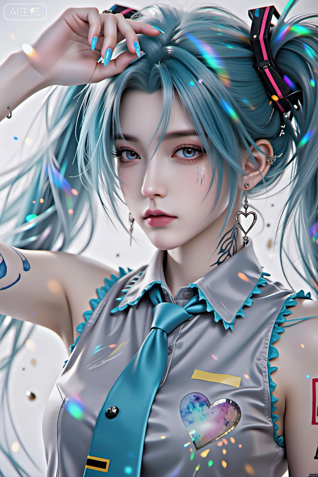  light particles, lens halo Extreme aesthetics, the best quality, good quality, the latest, 2024, 2023, very aesthetic, absurd, visual impact, tense shots Ultra-high resolution, 32K ultra-high definition, clear focus, superior image quality, masterpiece, emotional, unconventional supreme masterpiece, exquisite details, gentle atmosphere, high-end texture, fashionable photography style (Visual Impact: 1.2), give the poster a dynamic and visually stunning appearance, with an impactful picture, official art, rich colors, color splashing, cinematic perspective Masterpiece, the best quality, astonishing quality, very aesthetic, absurd, the best quality, the latest Girl, Hatsune Miku, bow, heart shape, bow, tie, earrings, shirt, jewelry, nail polish, upper body, bun, bangs, solo, bare shoulders, collared shirt, sleeveless, watercolor nails, blue bow, watercolor eyes, watercolor hair, tattoo, white background, blue nails, piercings, ear piercings, raise hand, watercolor tie, sleeveless shirt, gray shirt Hair accessory, blue eyes, hair band, shut mouth, ear arch, facial mark, hair between the eyes,Lqiqi