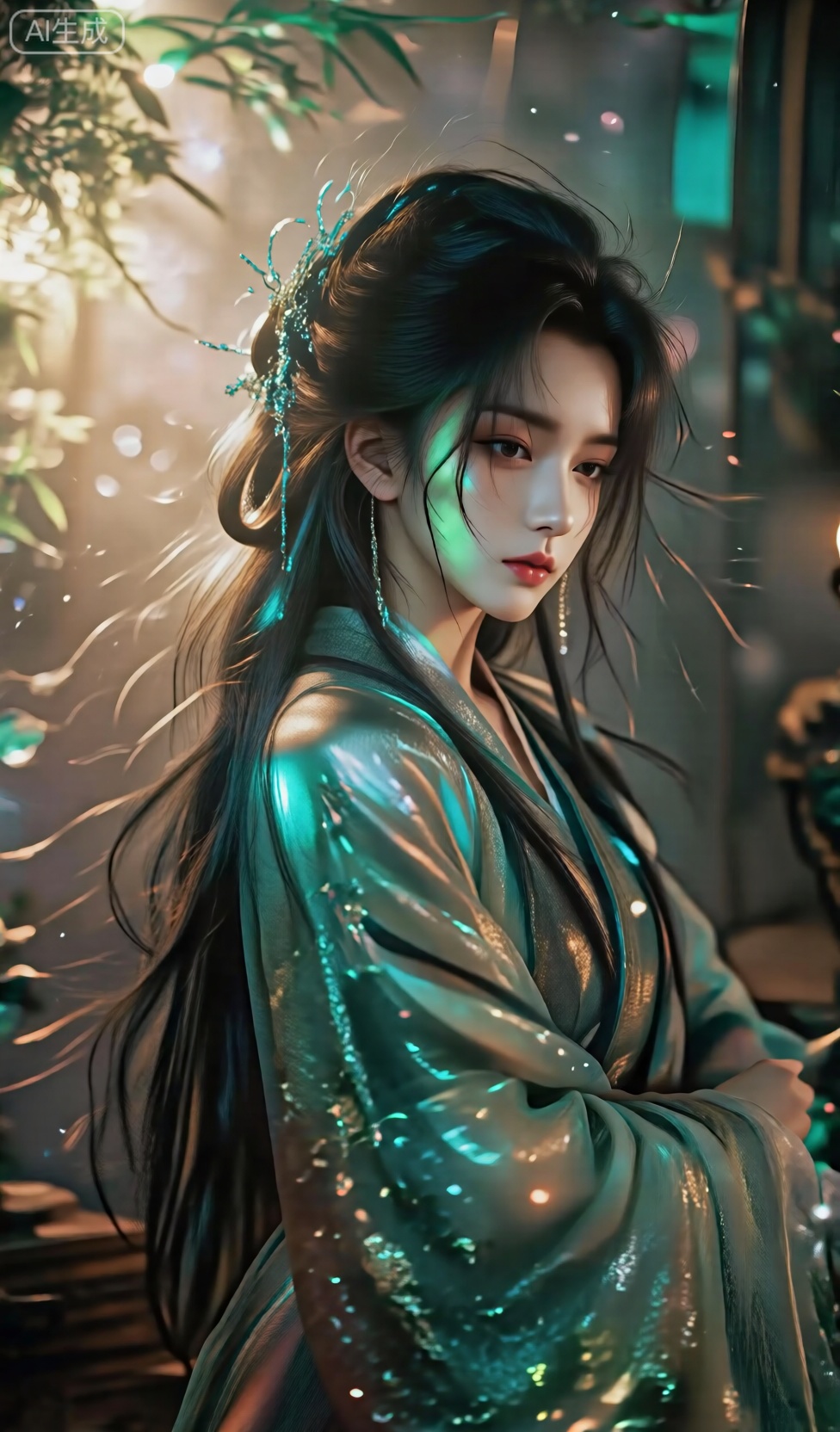 在柔和的灯光与梦幻的氛围中,一位身着青绿色唐装的女子全身入画。她肌肤如雪,容颜如花般娇艳动人。女子气质空灵出尘,仿佛不沾染尘世烟火,却又兼具妩媚妖娆之态,魅惑人心。同时,她散发着清冷孤傲的气息,让人难以接近,举止优雅神秘,令人心驰神往。灯光从侧面洒下,勾勒出她优美的身姿。摄影风格,定焦镜头,浪漫渲染,柔和的侧光,清新色调,16K。,HK,Lqiqi