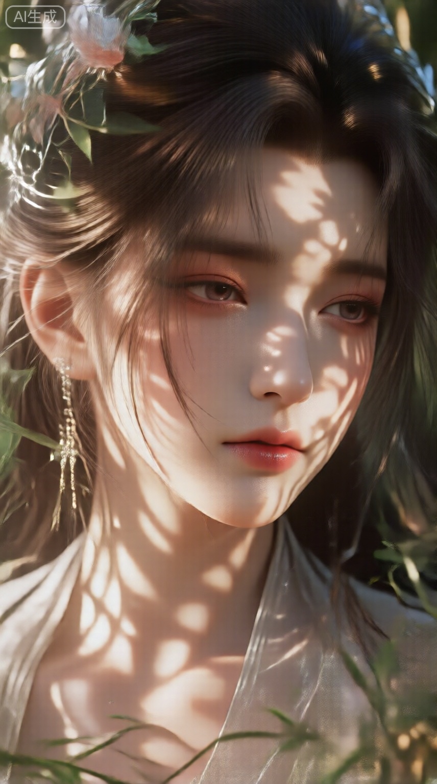花神,朦胧感, cg 风格,质感,自然光影,色彩和谐,磨砂,细密颗粒。人物,发丝细腻,呈现出自然的弯曲。人物的脸部被光照亮,给人一种温暖的感觉。阳光透过树叶在人物的脸上投下了斑驳的阴影叶片的形状细长,微光,给人一种温馨且略带忧郁,Lqiqi