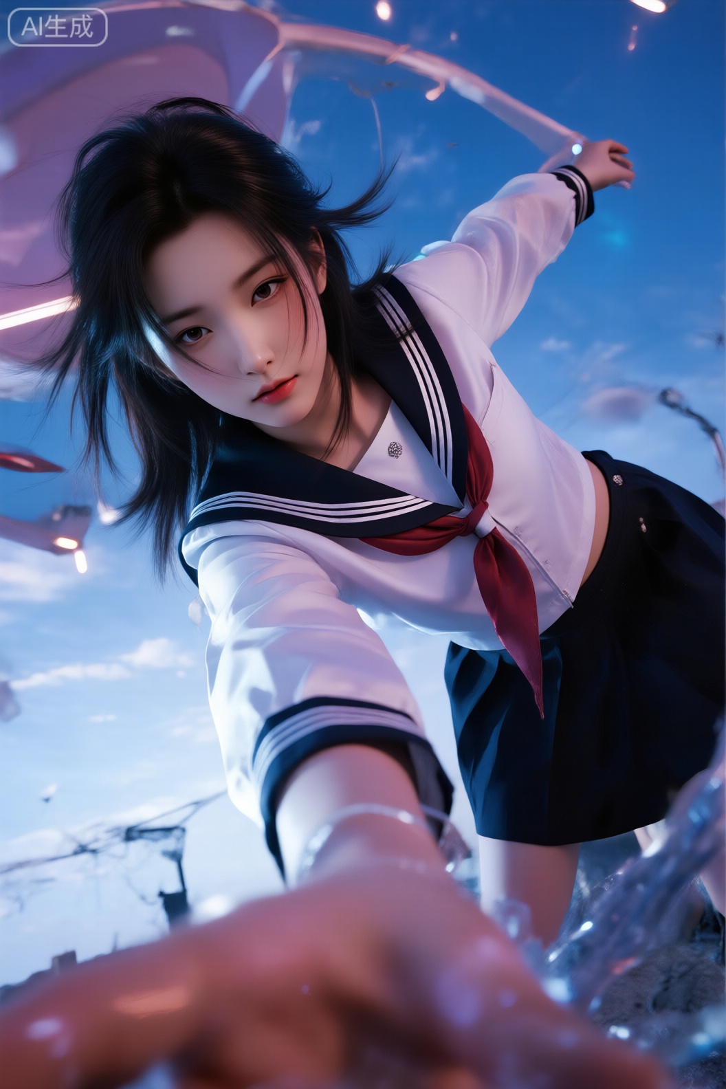 低角度镜头,少女,pose is dynamic,耳机,field,赛博朋克,水手服,拿着可口可乐,Lqiqi