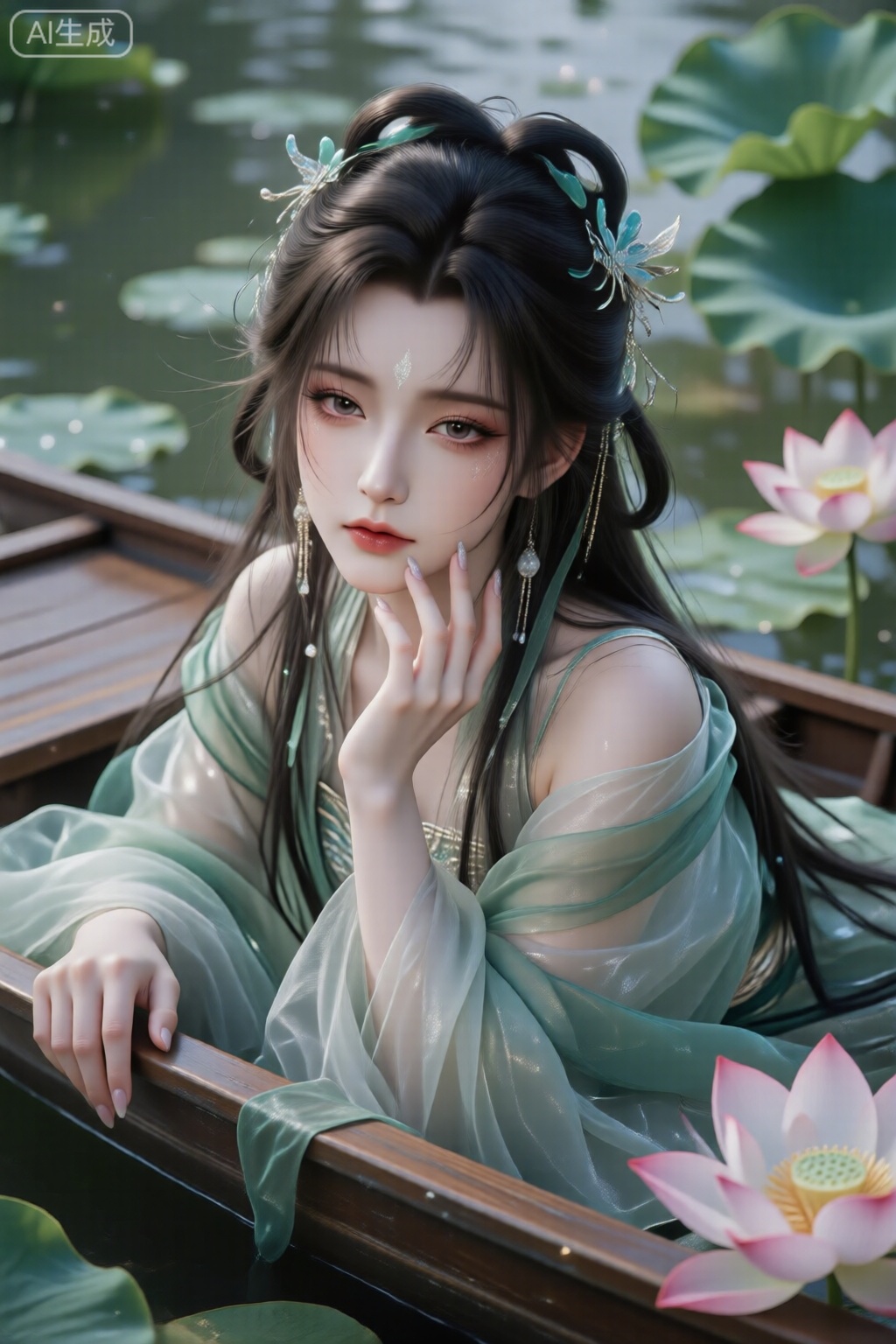 A stunning girl rides a boat with lotus flowers around her, wearing a green gauze dress and Hanfu, leaking her shoulders, long black hair, wearing eight green hair bands, layered elegant clothes, super close-up, big eyes, long eyelashes, pearlescent makeup, face-slapping, and master-level imaging.,Lqiqi