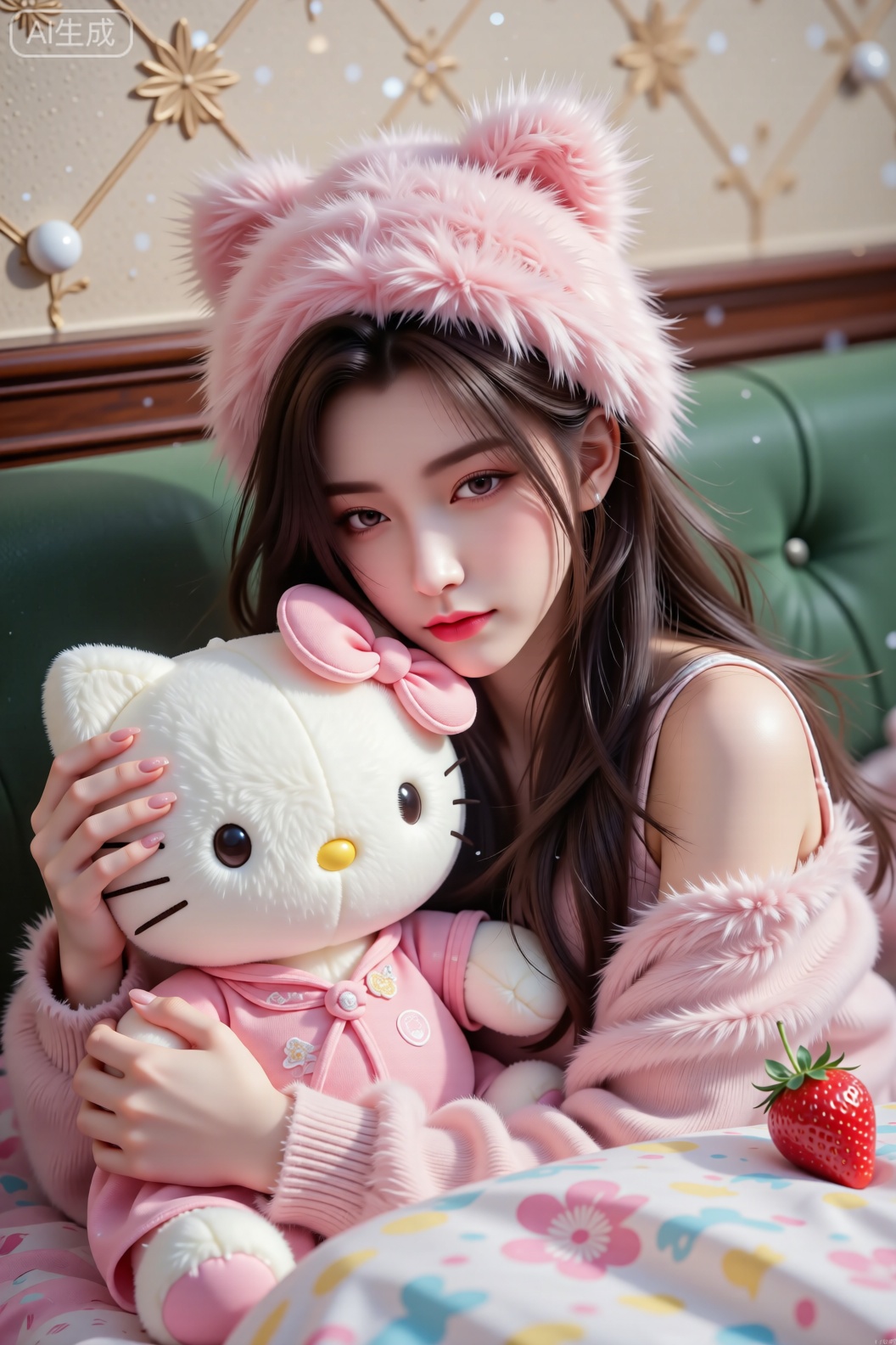 头戴粉色毛绒帽的女性怀抱白色的Hello Kitty玩偶，营造出温暖柔软的视觉感受。她穿着露肩上衣，与玩偶粉色包裹物的色彩相呼应。画面右侧点缀着一颗鲜红的草莓，为整体增添了一抹鲜活的色彩。背景是绿色的座椅靠背和浅色的墙面，两者形成柔和的对比，共同强化了甜美治愈的主题。整个场景仿佛冬日里的一段温馨休闲时光，充满洛丽塔式的温柔与美好。Lqiqi