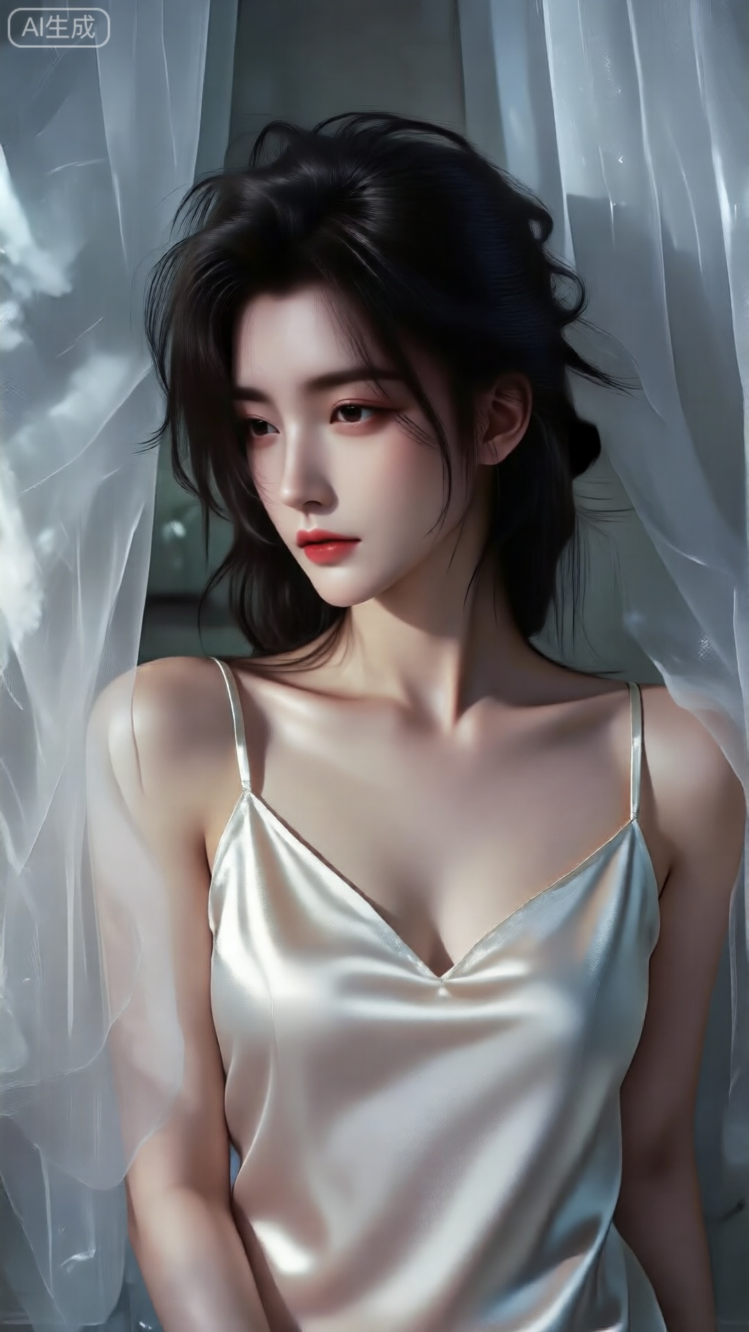 白色真丝吊带,成熟女性,白色纱幔背景,HK,Lqiqi