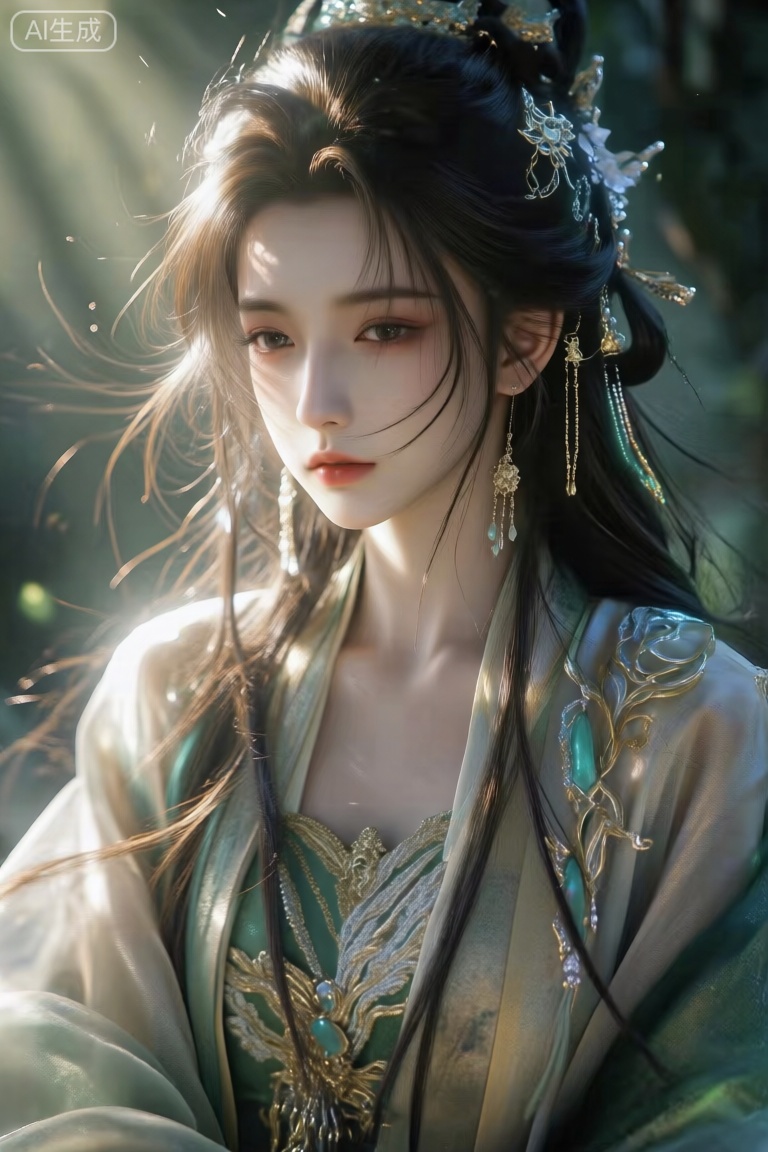 古风,凌乱发丝,高质量,耳坠,,细腻肌理,弥散渐变,悲剧感,故事感,丁达尔光,漫反射,故事感,意识流,光纱光斑点缀,层次感,披散头发,华丽的饰品和华丽复杂衣服纹理,人物特写,精致细节,人物极美,绿色系,极致细节,真人cos play,真人cos,美人。,Lqiqi