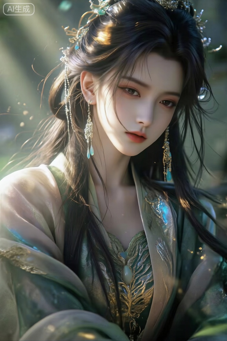 古风,凌乱发丝,高质量,耳坠,,细腻肌理,弥散渐变,悲剧感,故事感,丁达尔光,漫反射,故事感,意识流,光纱光斑点缀,层次感,披散头发,华丽的饰品和华丽复杂衣服纹理,人物特写,精致细节,人物极美,绿色系,极致细节,真人cos play,真人cos,美人。,Lqiqi