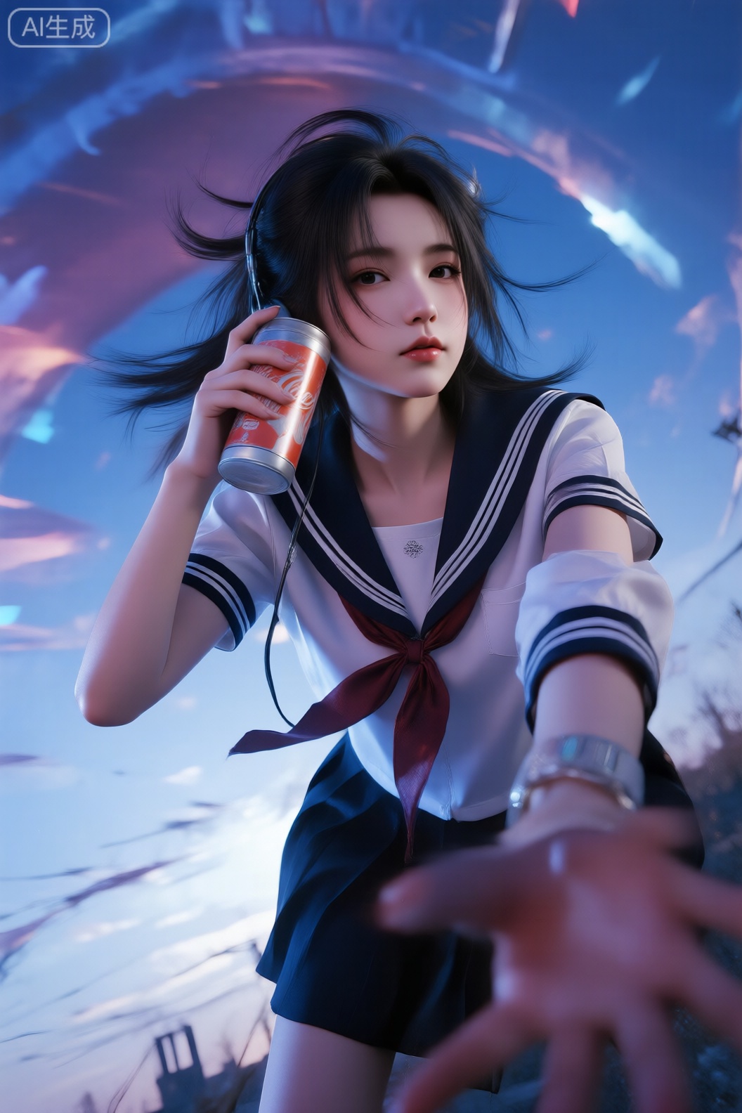 低角度镜头,少女,pose is dynamic,耳机,field,赛博朋克,水手服,拿着可口可乐,Lqiqi