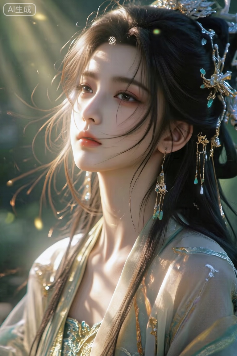 古风,凌乱发丝,高质量,耳坠,,细腻肌理,弥散渐变,悲剧感,故事感,丁达尔光,漫反射,故事感,意识流,光纱光斑点缀,层次感,披散头发,华丽的饰品和华丽复杂衣服纹理,人物特写,精致细节,人物极美,绿色系,极致细节,真人cos play,真人cos,美人。,Lqiqi