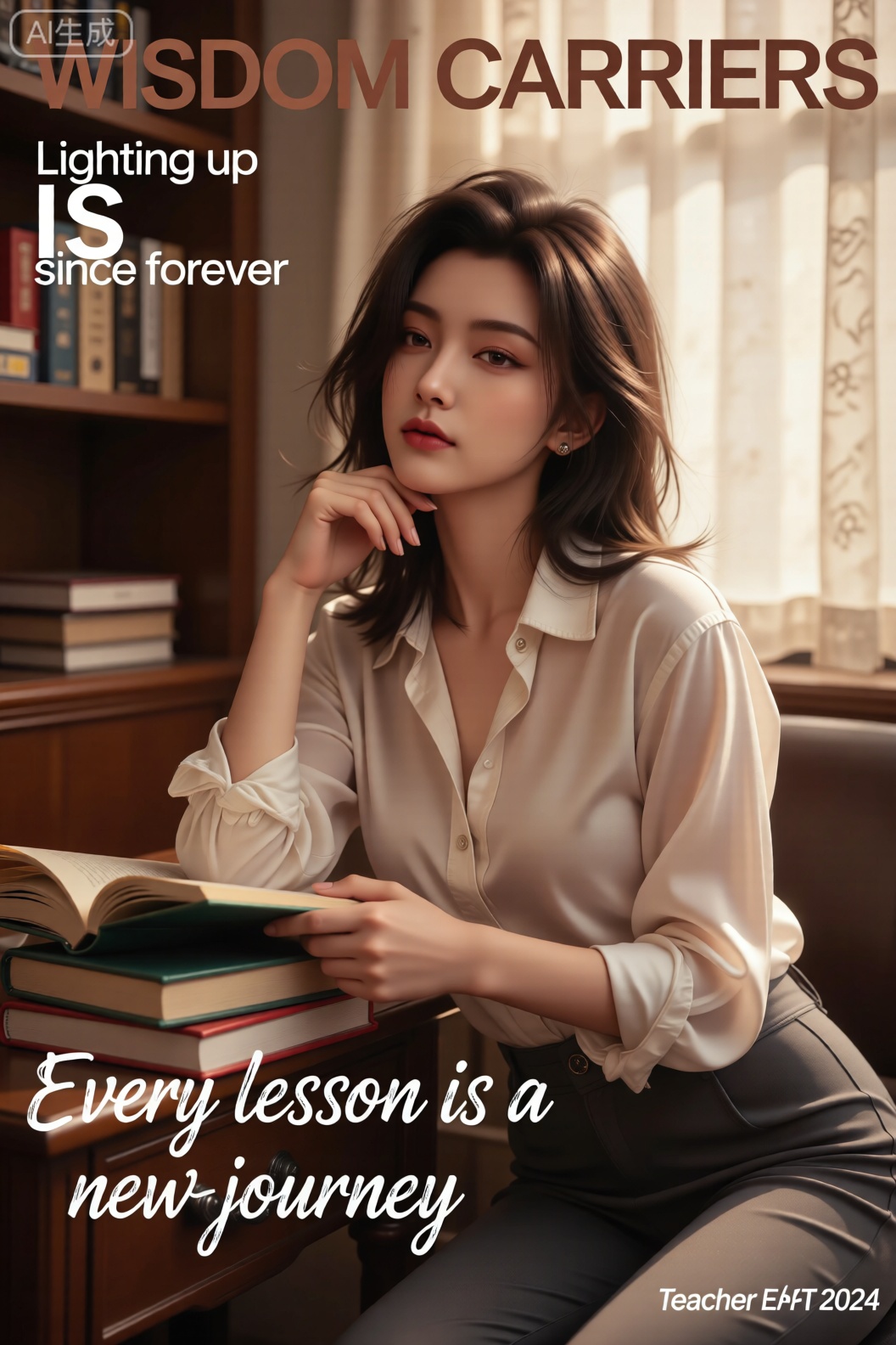 主体是位优雅的女教师,侧分的中长发卷出柔和弧度,妆容是自然的雾面妆,眼尾用浅棕色眼影提亮,唇色是低饱和的玫瑰豆沙色。她身着奶白色真丝衬衫搭配深灰色西装裤,坐在堆满书籍的书桌前,一手托着下巴,另一手翻动书页,目光落在文字上时专注沉静,抬眼瞬间眼神温润。背景是复古书架,阳光透过纱帘洒下柔和光晕。文字排版丰富：顶部用衬线体大写字母排“WISDOM CARRIERS”,左侧用斜体字竖排“Lighting up minds since forever”,中间用加粗手写体突出“Every lesson is a new journey”,右下角用纤细无衬线体标“TEACHER EDITION 2024”,字体颜色从深棕到浅咖渐变,与暖调画面融合。使用哈苏H6D-100c相机,HC 80mm f/2.8镜头,快门1/150s,光圈f/3.5,ISO 100,后期保留细腻质感。,女性,Lqiqi