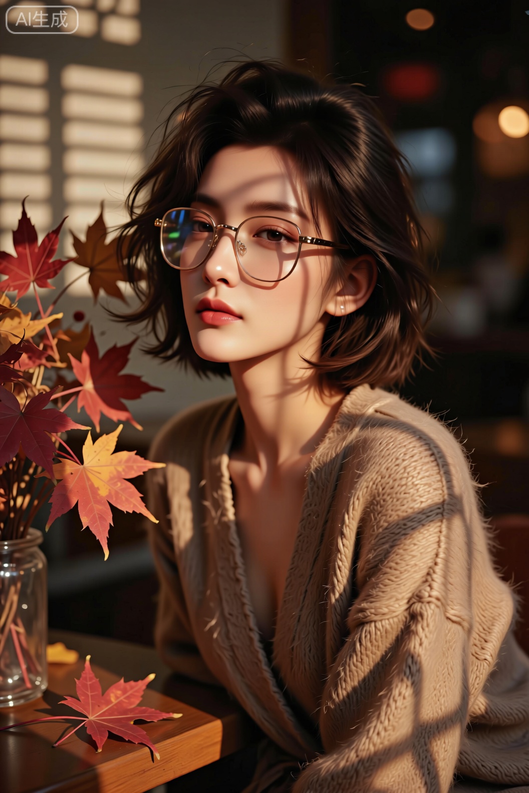 特写聚焦优雅女性,她的短发修剪得利落有层次,发梢带着自然卷曲,戴着复古金框眼镜,镜片反着秋日微光。身穿驼色羊绒开衫,质感柔软蓬松,她正微微侧头,睫毛纤长,眼神沉静,似在凝视桌上的干花。背景是堆满枫叶的木桌,叶片有深红、橙黄等色彩,光线是透过百叶窗的条状暖光,在脸颊与开衫上投下交错的光影。渲染偏胶片颗粒感,色彩以驼色、枫叶红、暖棕为主,复古又温暖。用尼康尼克尔Z 58mm f/0.95镜头,尼康Z9拍摄,光圈f/1.2,快门1/200s,ISO 80,焦段58mm,特写的细腻与氛围感兼具。,秋日氛围,繁花风格写真,Lqiqi