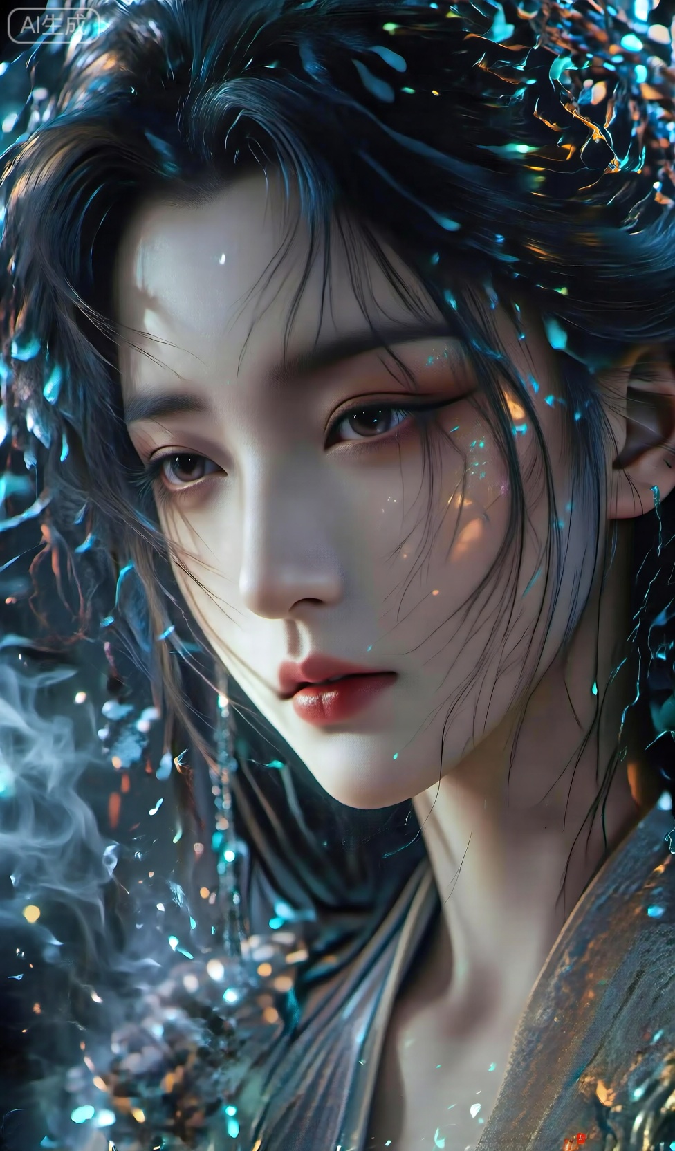 一个肌肤如雪、秀发飘飘的绝世美女倾国倾城的人像特写,人像消散成飘发光烟雾,人像特写摄影,特写,神秘奇幻氛围,细腻质感,HK,Lqiqi