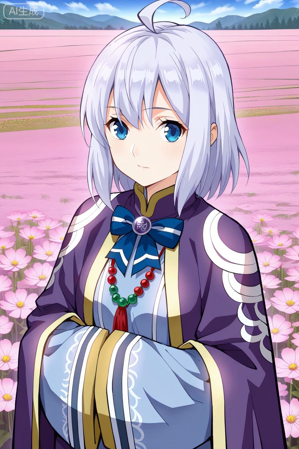 flower field,flower field,



upper body,looking at viewer,

丹晨,masterpiece,best quality,official art,extremely detailed CG unity 8k wallpaper,1girl, solo, silver hair, short hair, ahoge, anime style, bangs, blue eyes,long robe, traditional clothes, fantasy outfit, purple cloak, wide sleeves, long sleeves, sleeves past fingers, 




