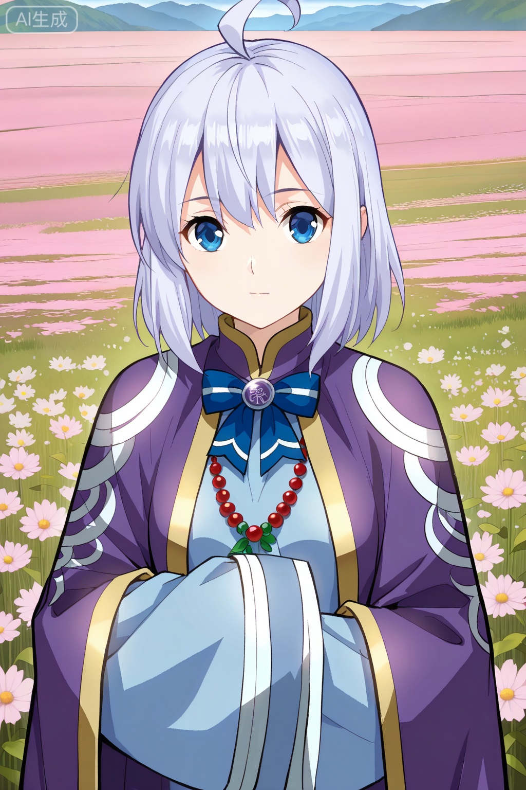 flower field,flower field,



upper body,looking at viewer,

丹晨,masterpiece,best quality,official art,extremely detailed CG unity 8k wallpaper,1girl, solo, silver hair, short hair, ahoge, anime style, bangs, blue eyes,long robe, traditional clothes, fantasy outfit, purple cloak, wide sleeves, long sleeves, sleeves past fingers, 





