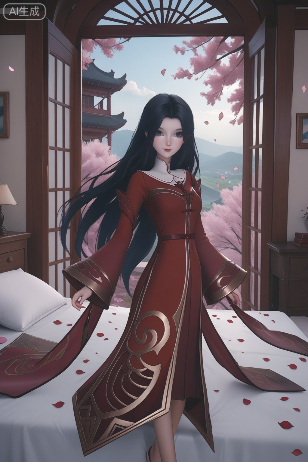 (score_9),1girl,solo,long hair,looking at viewer,very long hair,black hair,long sleeves,wide sleeves,indoors,room,petals,red dress,breasts,medium breasts, wind,falling petals,day,bed,bed sheet,multiple petals,
