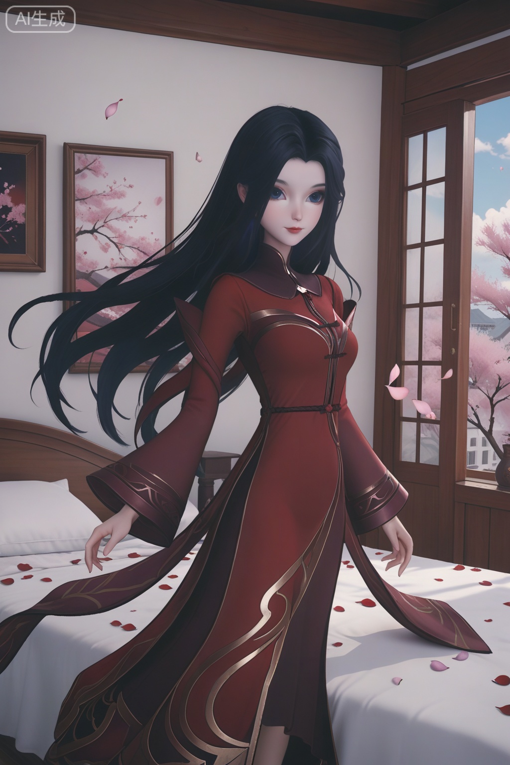 (score_9),1girl,solo,long hair,looking at viewer,very long hair,black hair,long sleeves,wide sleeves,indoors,room,petals,red dress,breasts,medium breasts, wind,falling petals,day,bed,bed sheet,multiple petals,