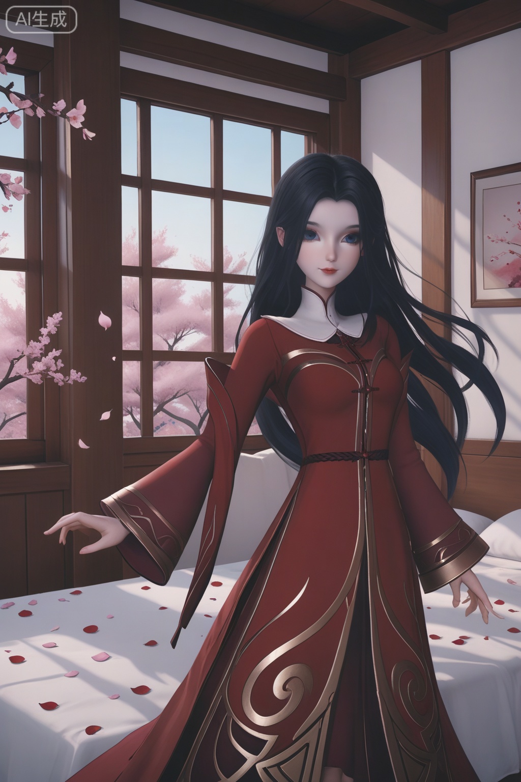 (score_9),1girl,solo,long hair,looking at viewer,very long hair,black hair,long sleeves,wide sleeves,indoors,room,petals,red dress,breasts,medium breasts, wind,falling petals,day,bed,bed sheet,multiple petals,
