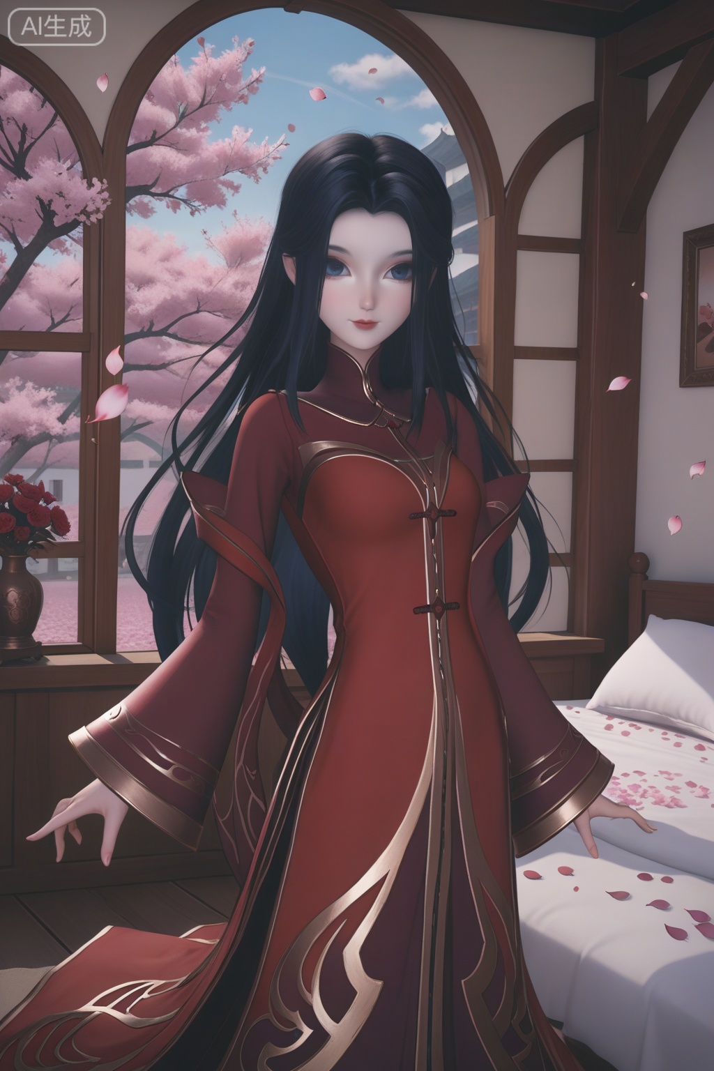 (score_9),1girl,solo,long hair,looking at viewer,very long hair,black hair,long sleeves,wide sleeves,indoors,room,petals,red dress,breasts,medium breasts, wind,falling petals,day,bed,bed sheet,multiple petals