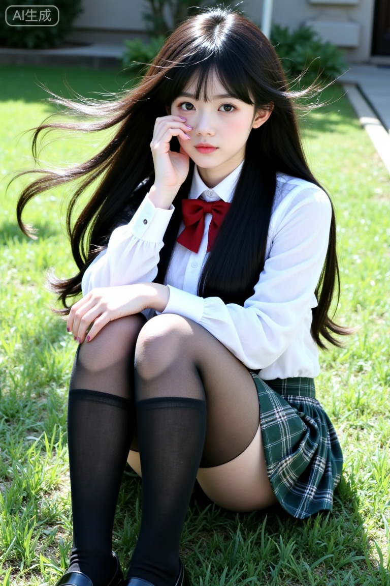 a young woman with long black hair,huge breasts,school uniform,Collared white shirt,bowtie,pantyhose,plaid skirt,legs,wind,sitting,black loafers,knee up,lawn,sun