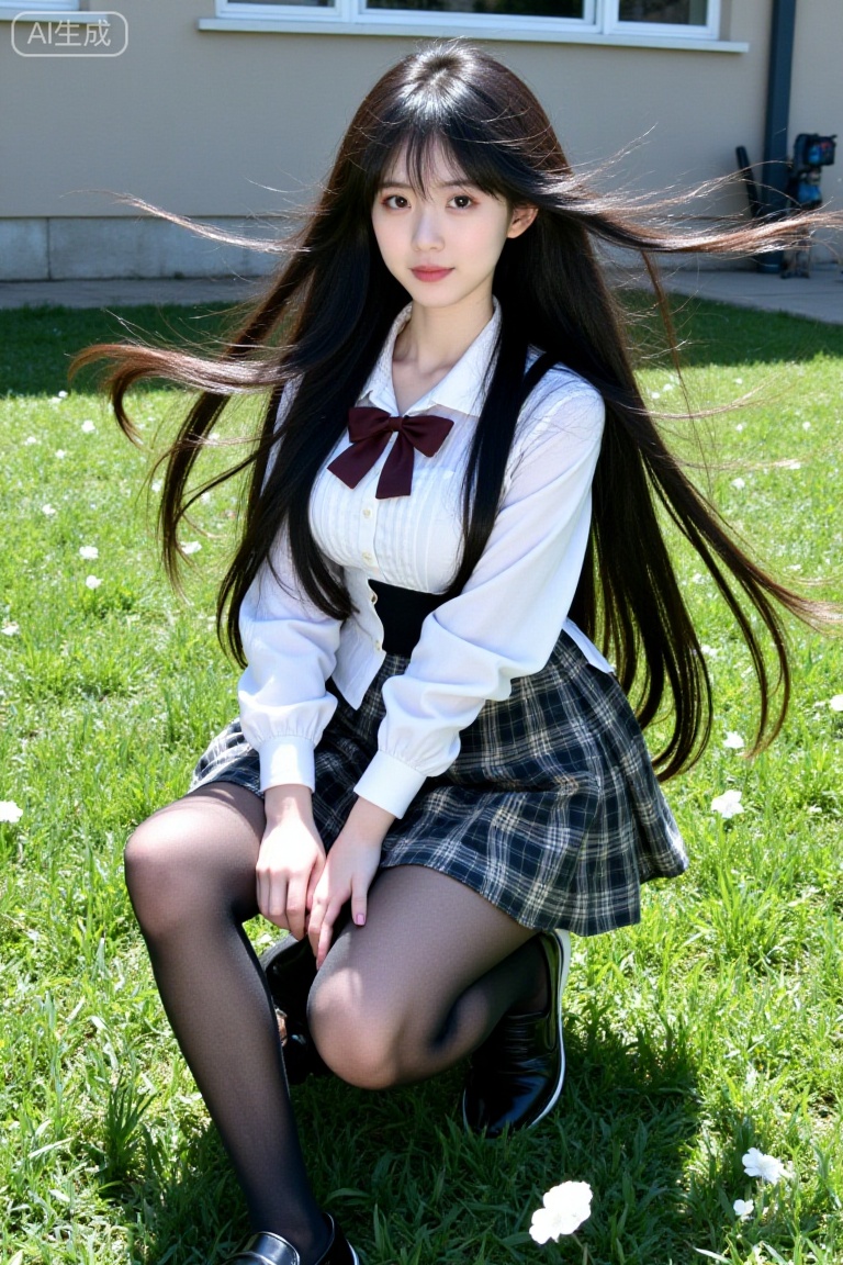 a young woman with long black hair,huge breasts,school uniform,Collared white shirt,bowtie,black sheer pantyhose,plaid skirt,legs,wind,sitting,black loafers,knee up,lawn,sun