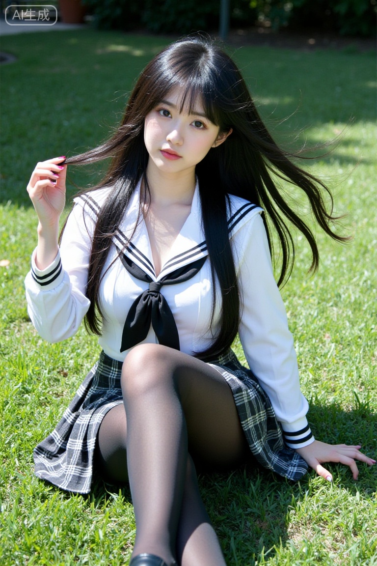 a young woman with long black hair,huge breasts,school uniform,Collared white shirt,bowtie,black sheer pantyhose,plaid skirt,legs,wind,sitting,black loafers,knee up,lawn,sun