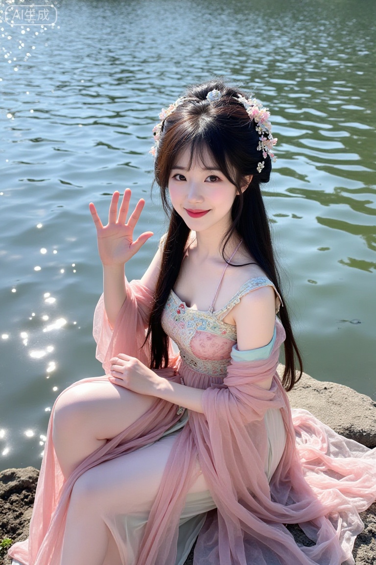 a young woman,long black hair,looking at viewer,hanfu,Chinese dress,sitting on rock,hair accessories,jewelry,hair ornament, chinese clothes, shawl,waving,smile,lake,sunshine,strong lighting,bright