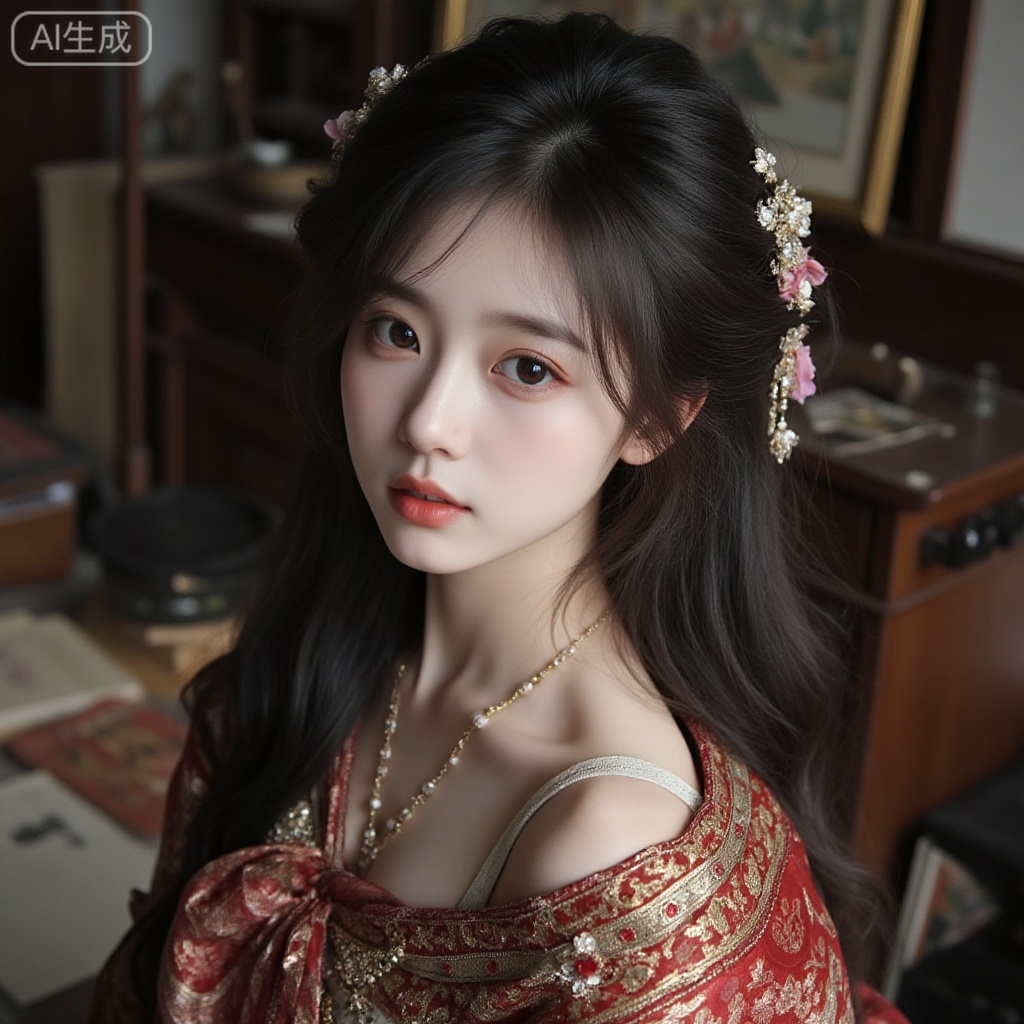 masterpiece,close-up headshot of a young woman,long black hair,looking at viewer,hair accessories,jewelry,hair ornament,shawl