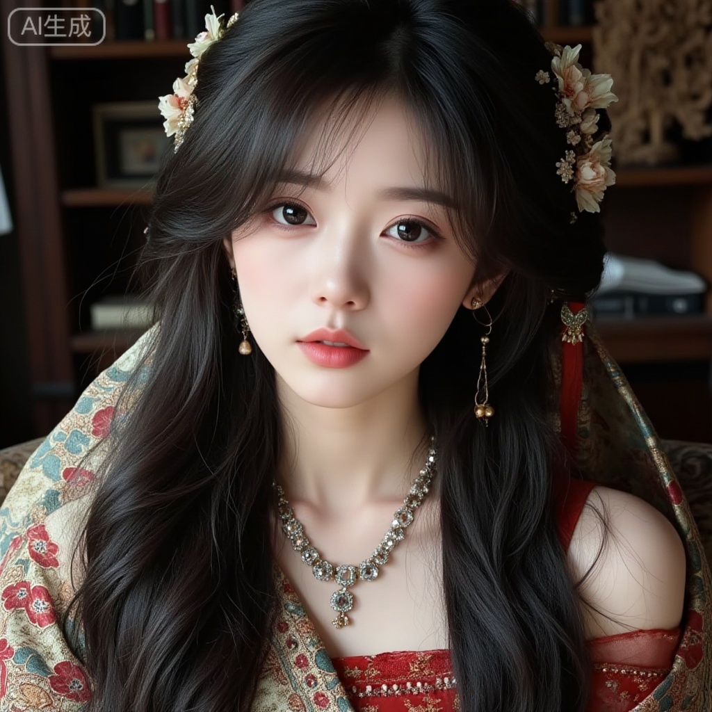 masterpiece,close-up headshot of a young woman,long black hair,looking at viewer,hair accessories,jewelry,hair ornament,shawl