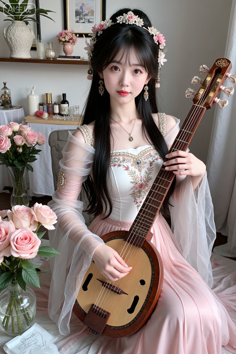 a young woman,long black hair,looking at viewer,playing guzheng(instrument),hanfu,Chinese dress,sitting,hair accessories,jewelry
